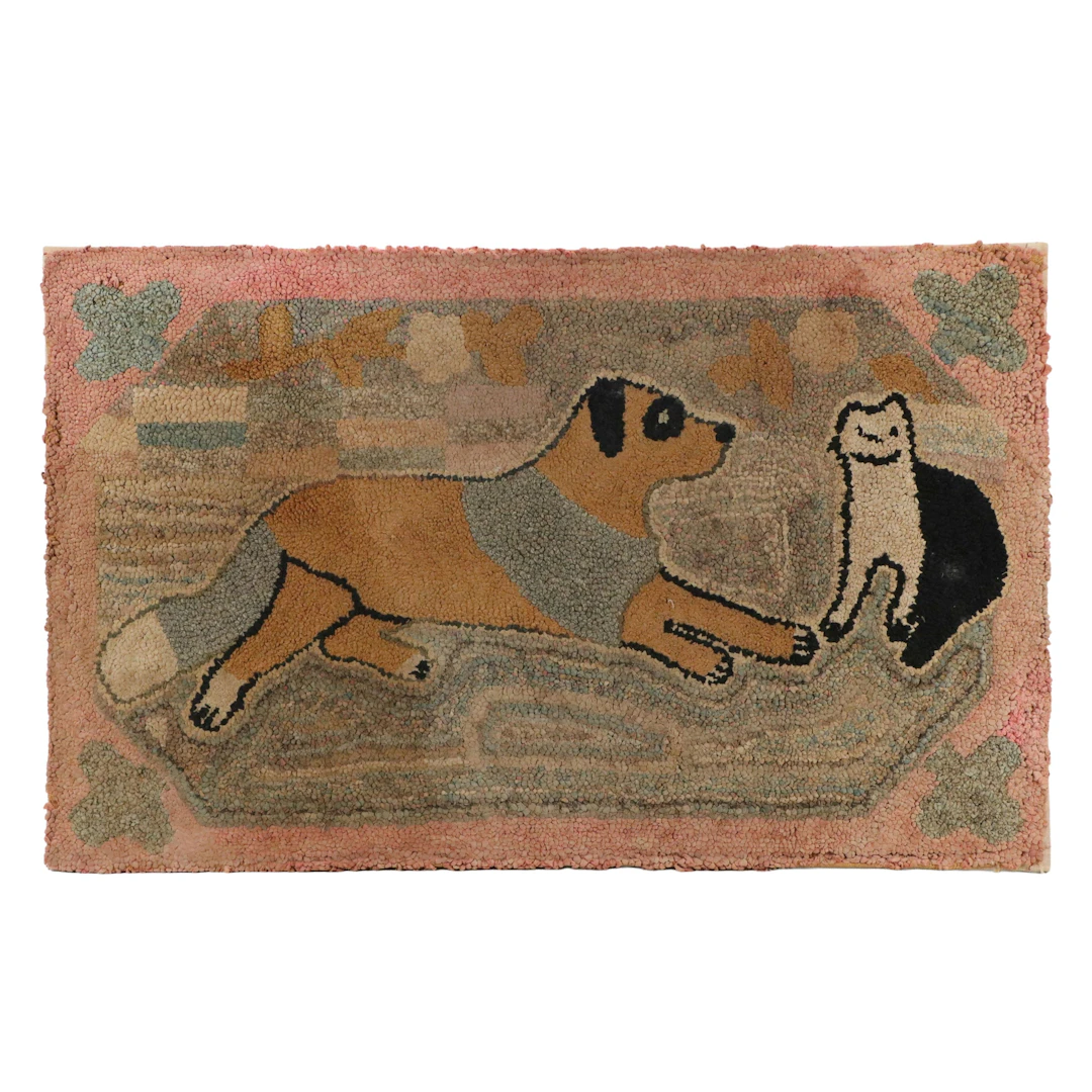 Handmade Hooked Rug Wall Art with Dog and Cat, Mid to Late 20th Century