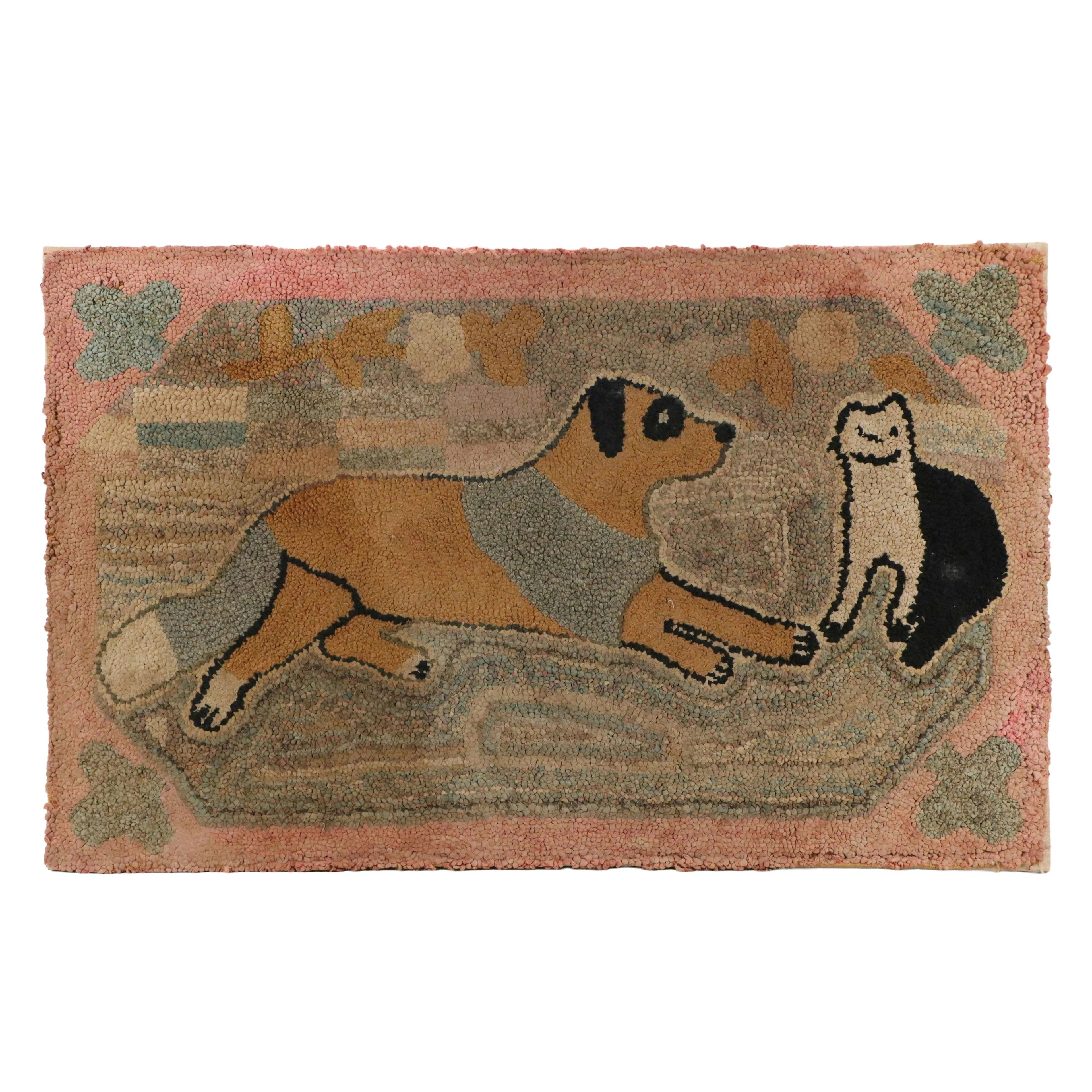 Handmade Hooked Rug Wall Art with Dog and Cat, Mid to Late 20th Century