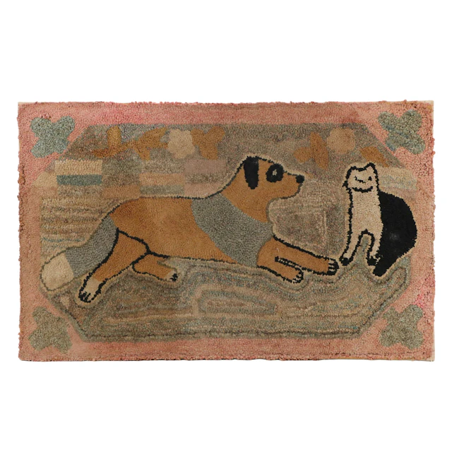 Handmade Folk Art Hooked Rug with Dog and Cat, Mid to Late 20th Century