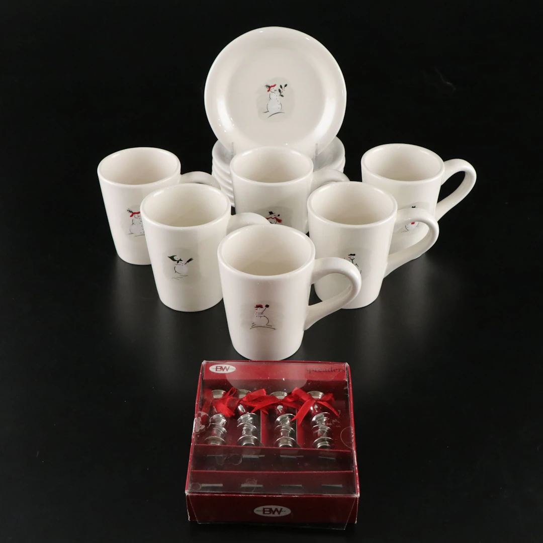 Williams Sonoma "Holiday Snowman" Plates, Mugs & Other "Silver Bells" Spreaders