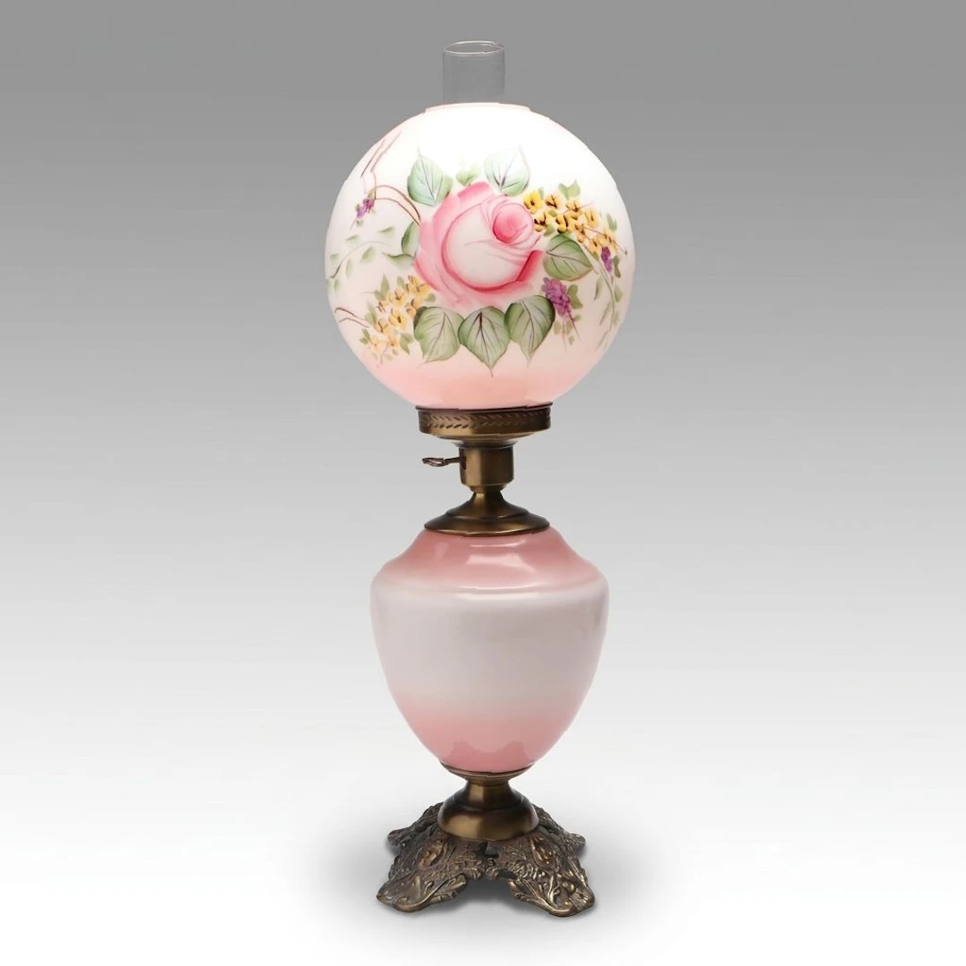Victorian Style Hand-Painted Rose Milk Glass Parlor Lamp, Vintage