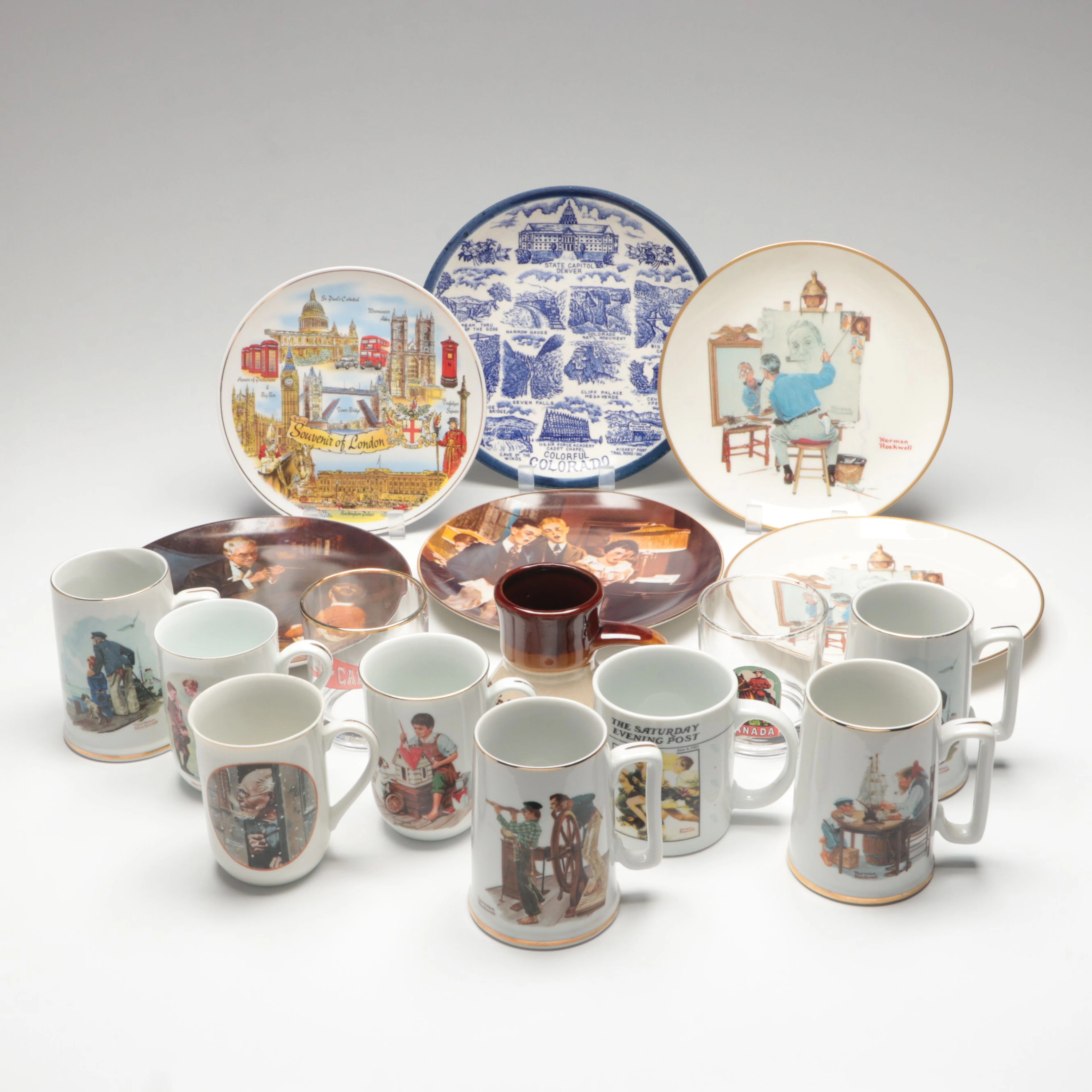 Gorham and Norman Rockwell Museum Mugs with Other Collectible Plates and Cups