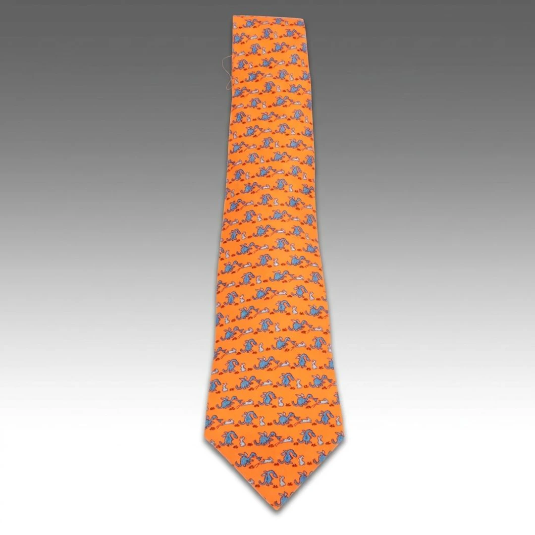 Hermès "Lapinosaure" Necktie in Orange/Blue Silk Twill