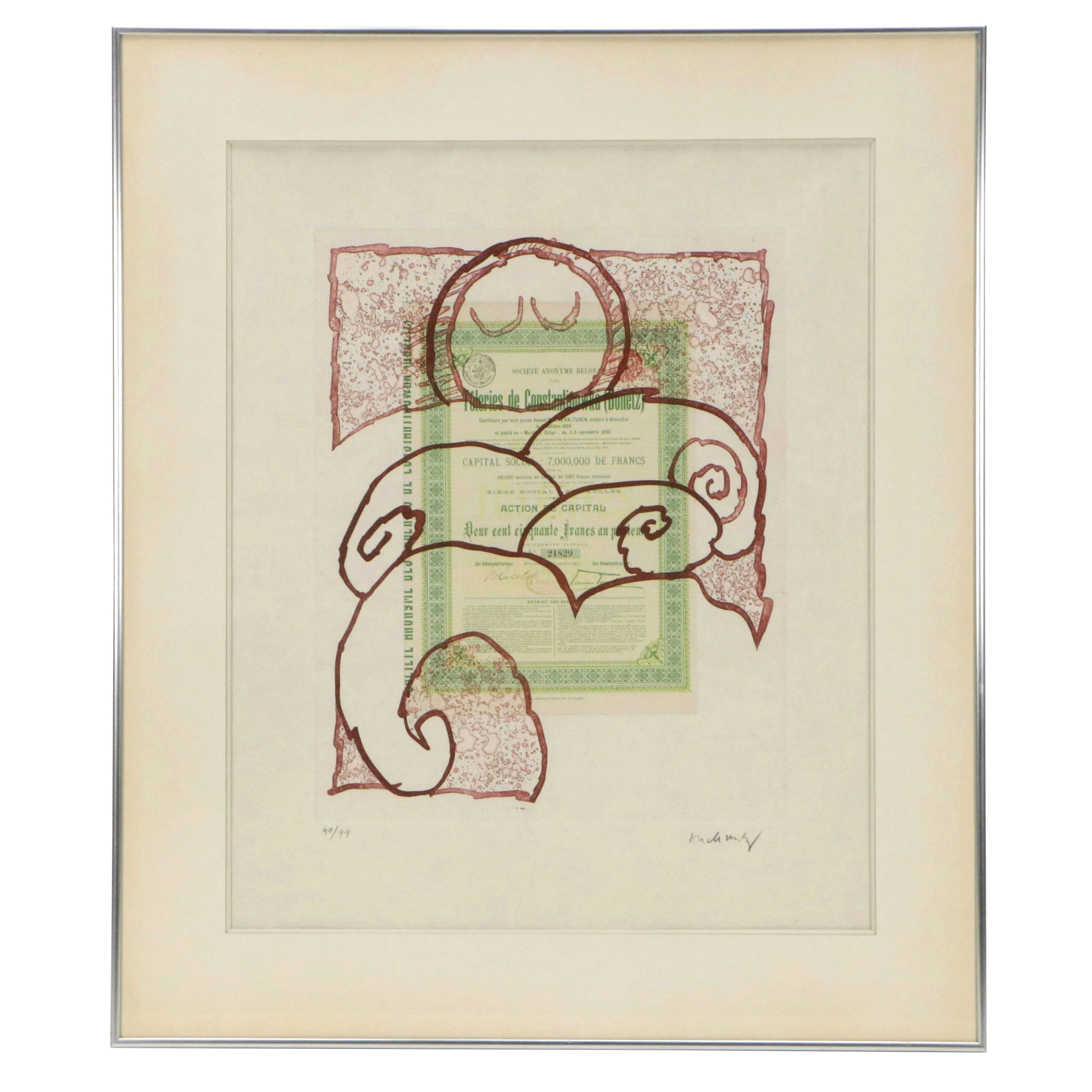 Pierre Alechinsky Aquatint Etching with Collage from "Krach," 1973