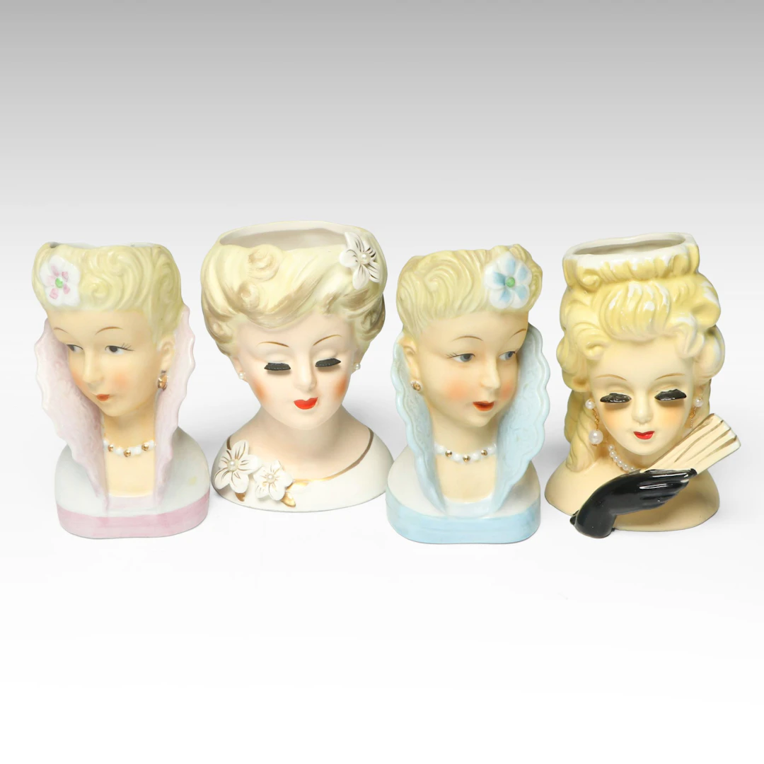 Novelty Ceramic Lady Head Vases, Mid-20th Century
