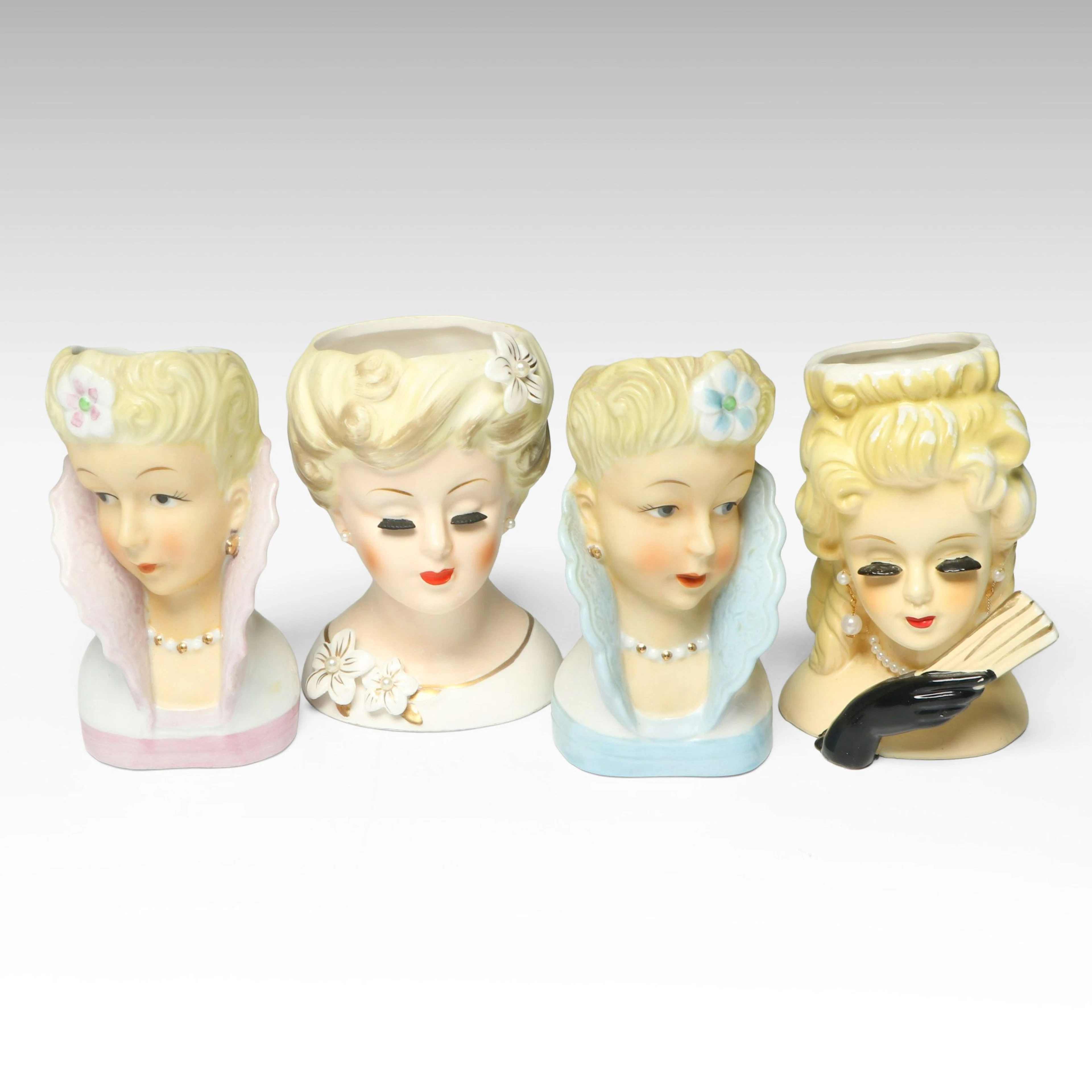 Novelty Ceramic Lady Head Vases, Mid-20th Century