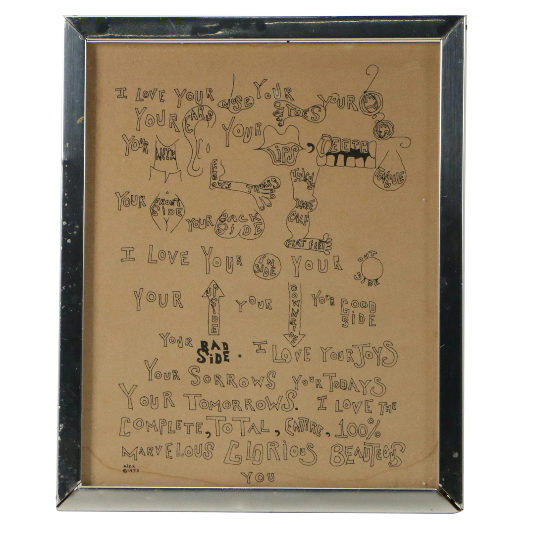 Naïve Doodle Declaration of Love Lithographic Print, 1973