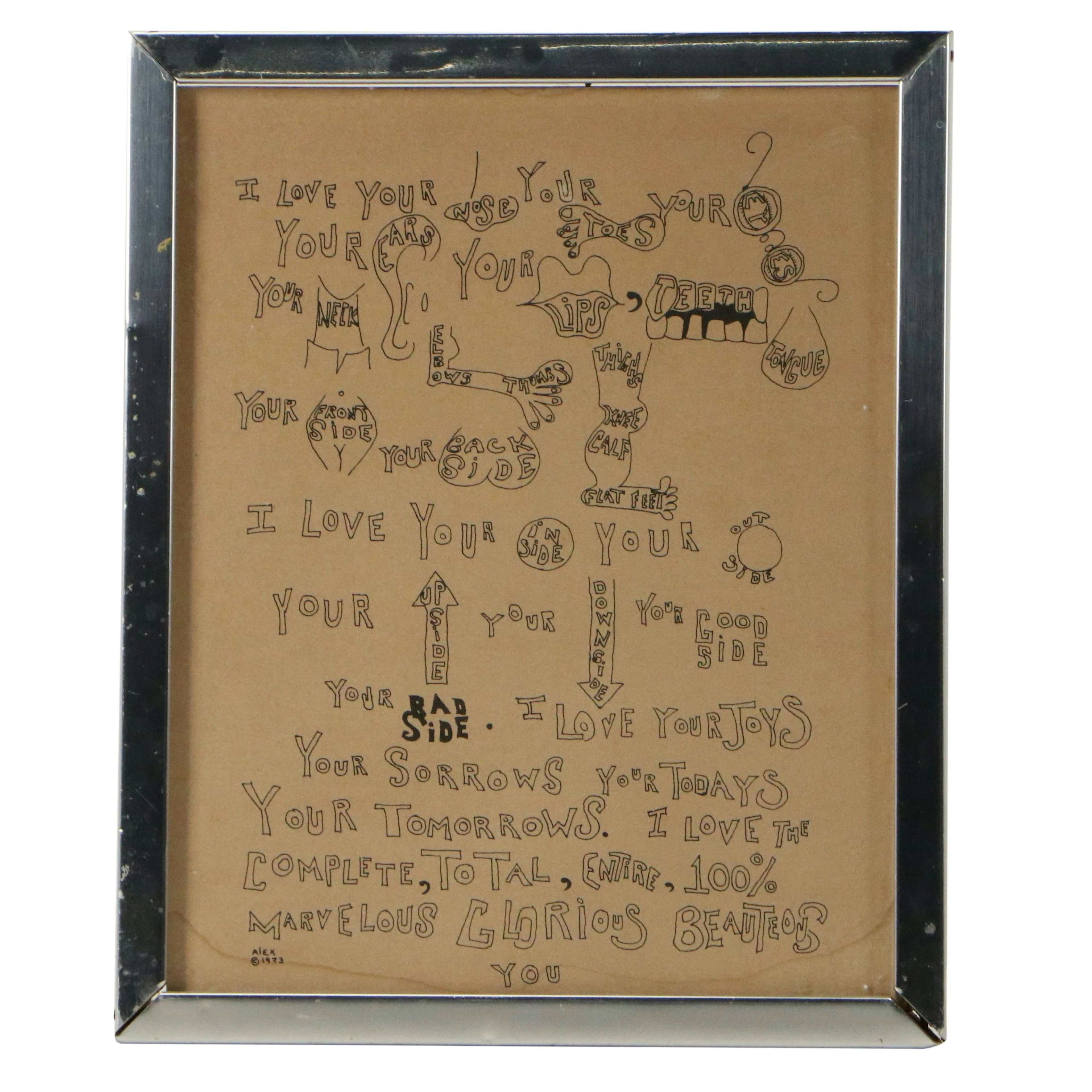 Naïve Doodle Declaration of Love Lithographic Print, 1973