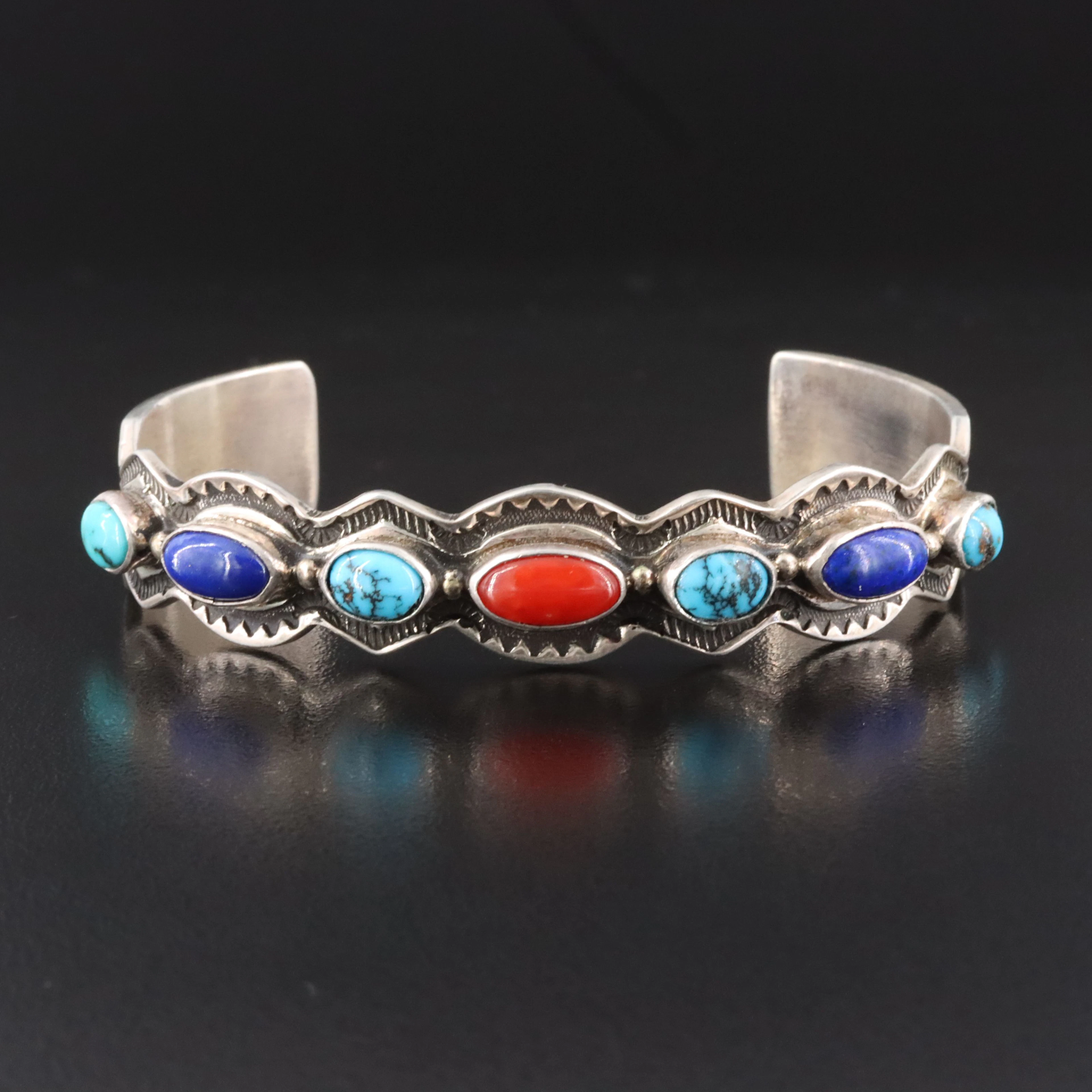Rudy Willie for D'Anz Limited Sterling Coral, Turquoise, & Lapis Cuff Bracelet