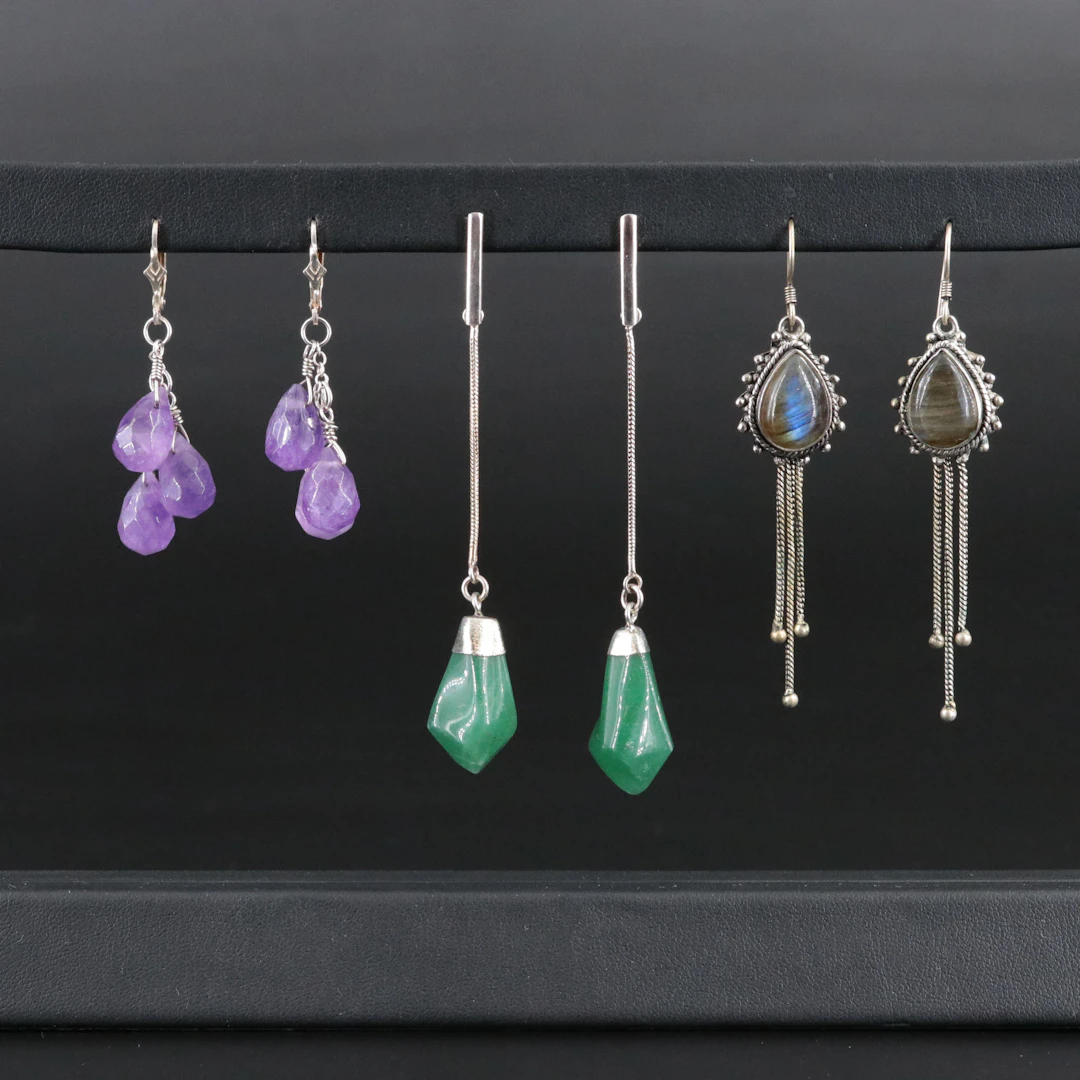 Sterling, Labradorite, Amethyst and Aventurine Featured in Earrings