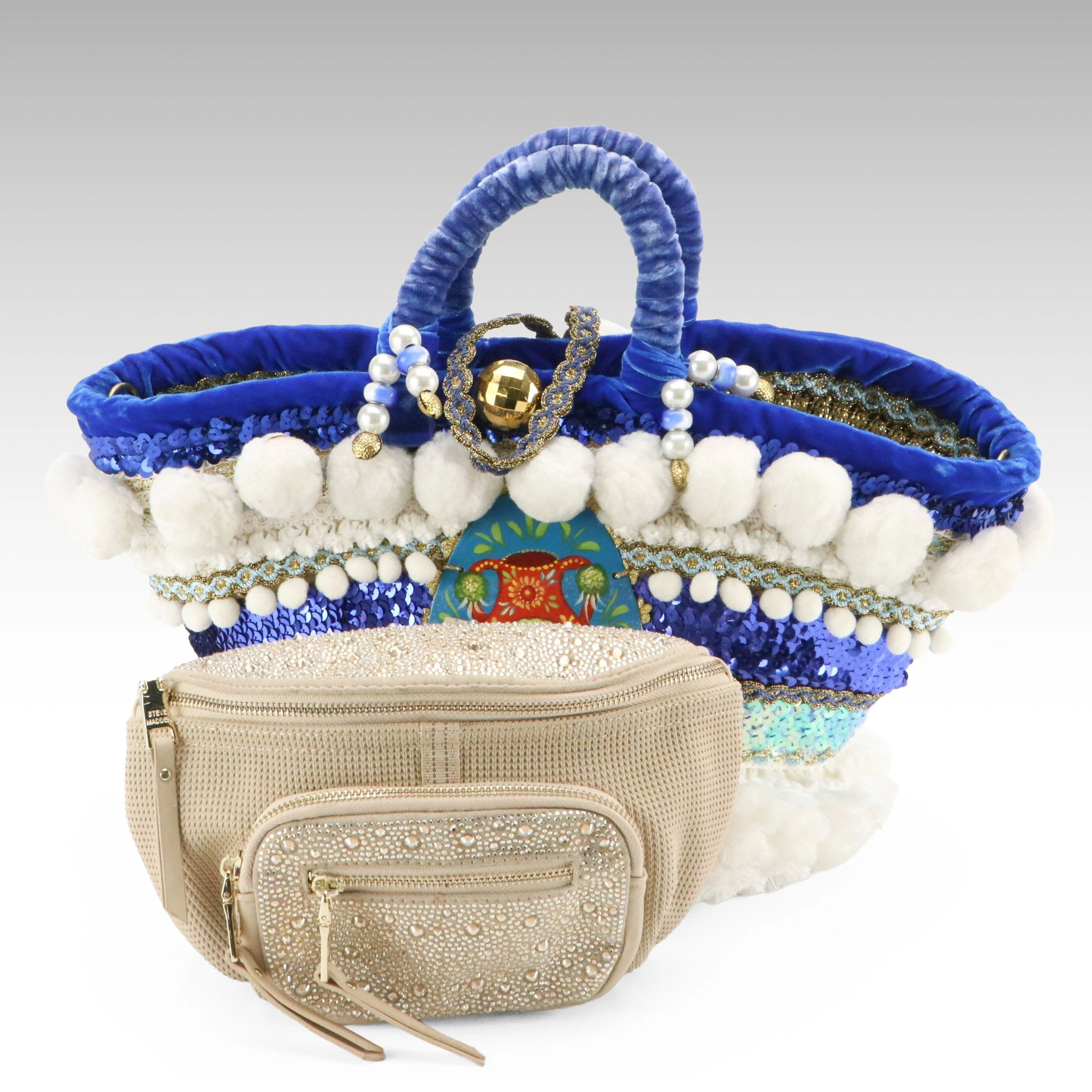 Steve Madden Rhinestone Belt Bag and Sikuly Wearable Art Two-Way Bag