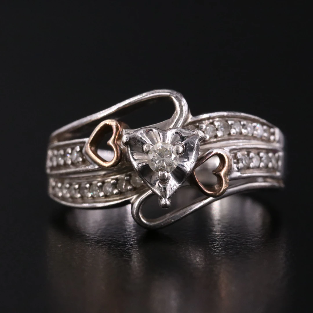Sterling Diamond Ring with 14K Rose Gold Heart Accents