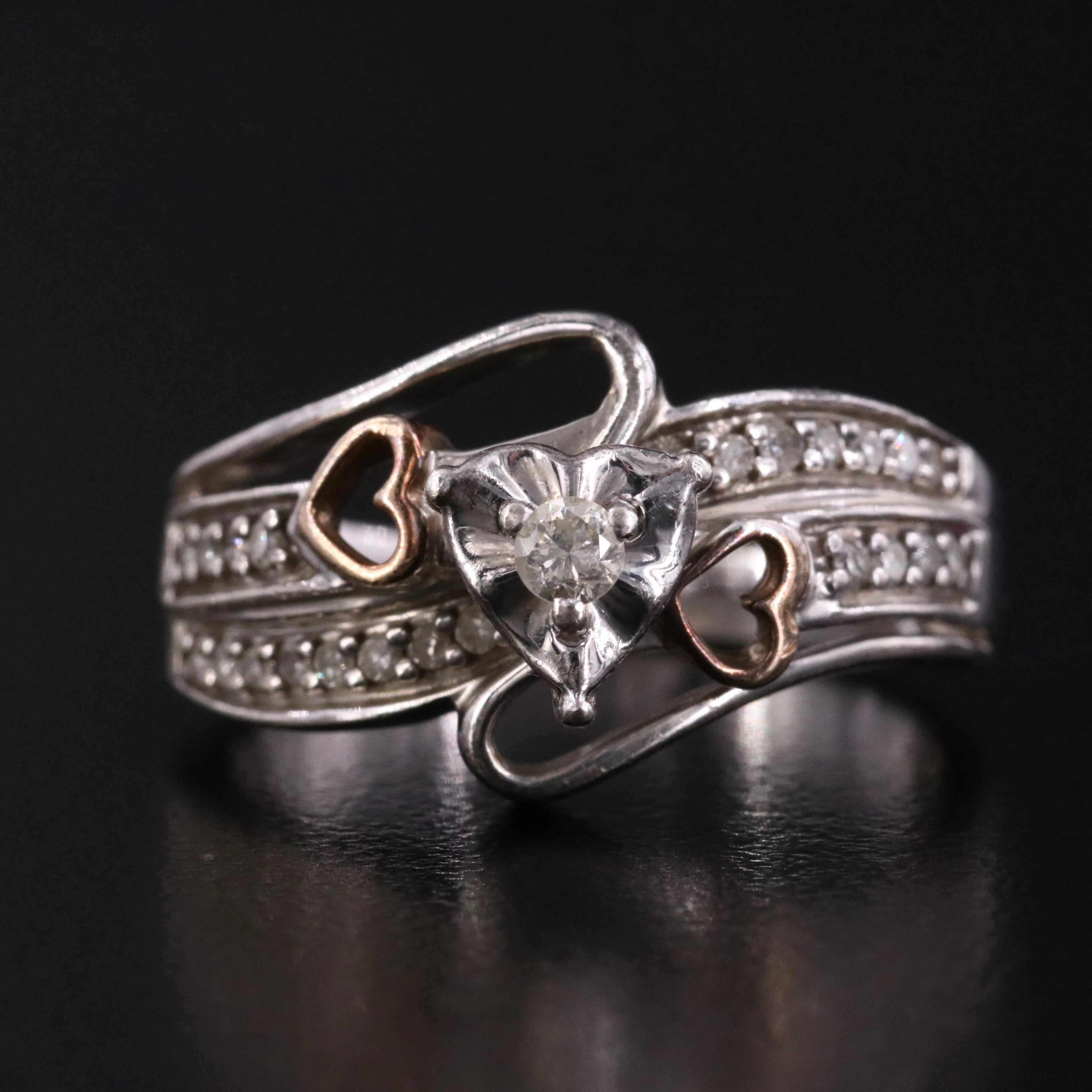 Sterling Diamond Ring with 14K Rose Gold Heart Accents
