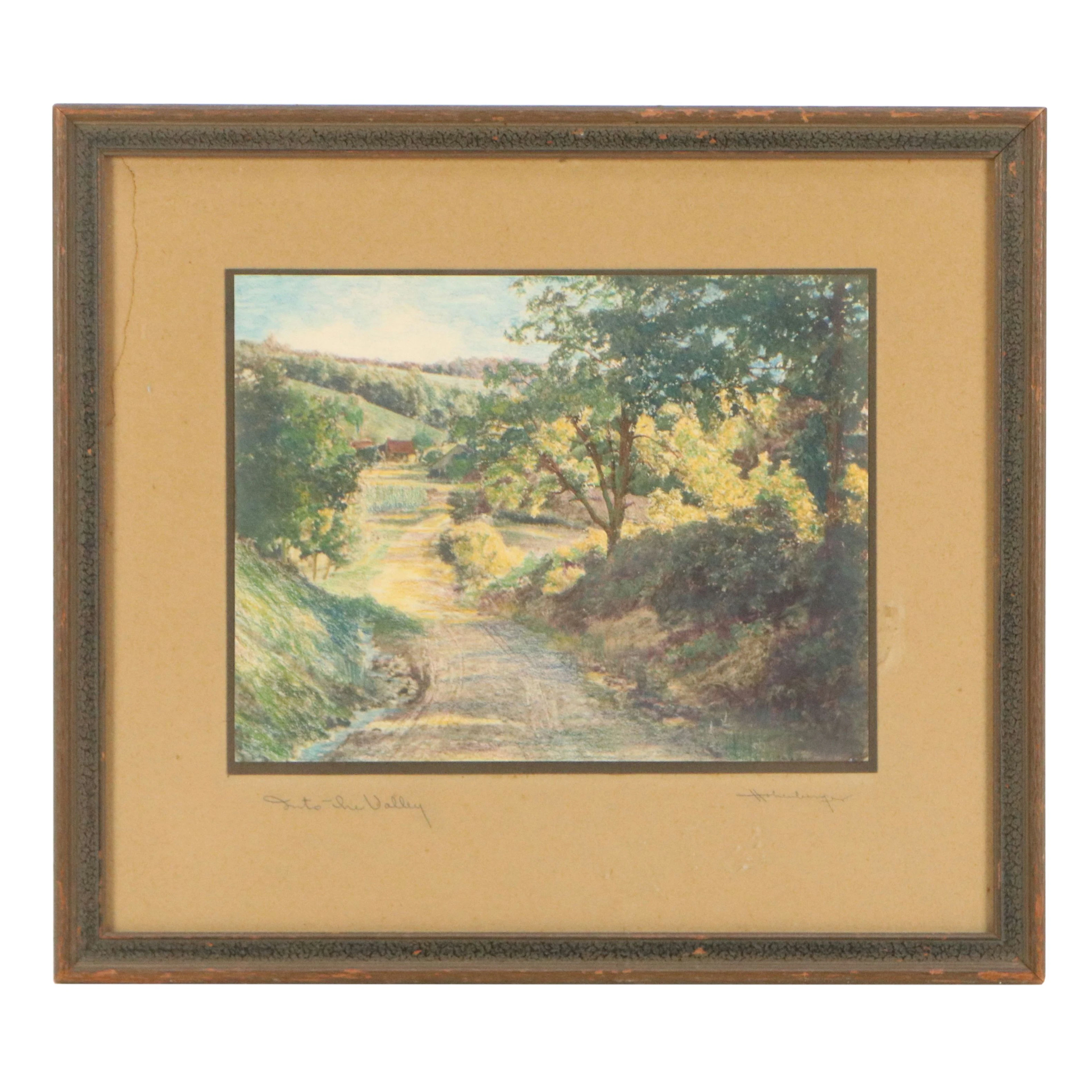 Frank Hohenberger Landscape Colored Pencil Drawing "Into the Valley," 1922
