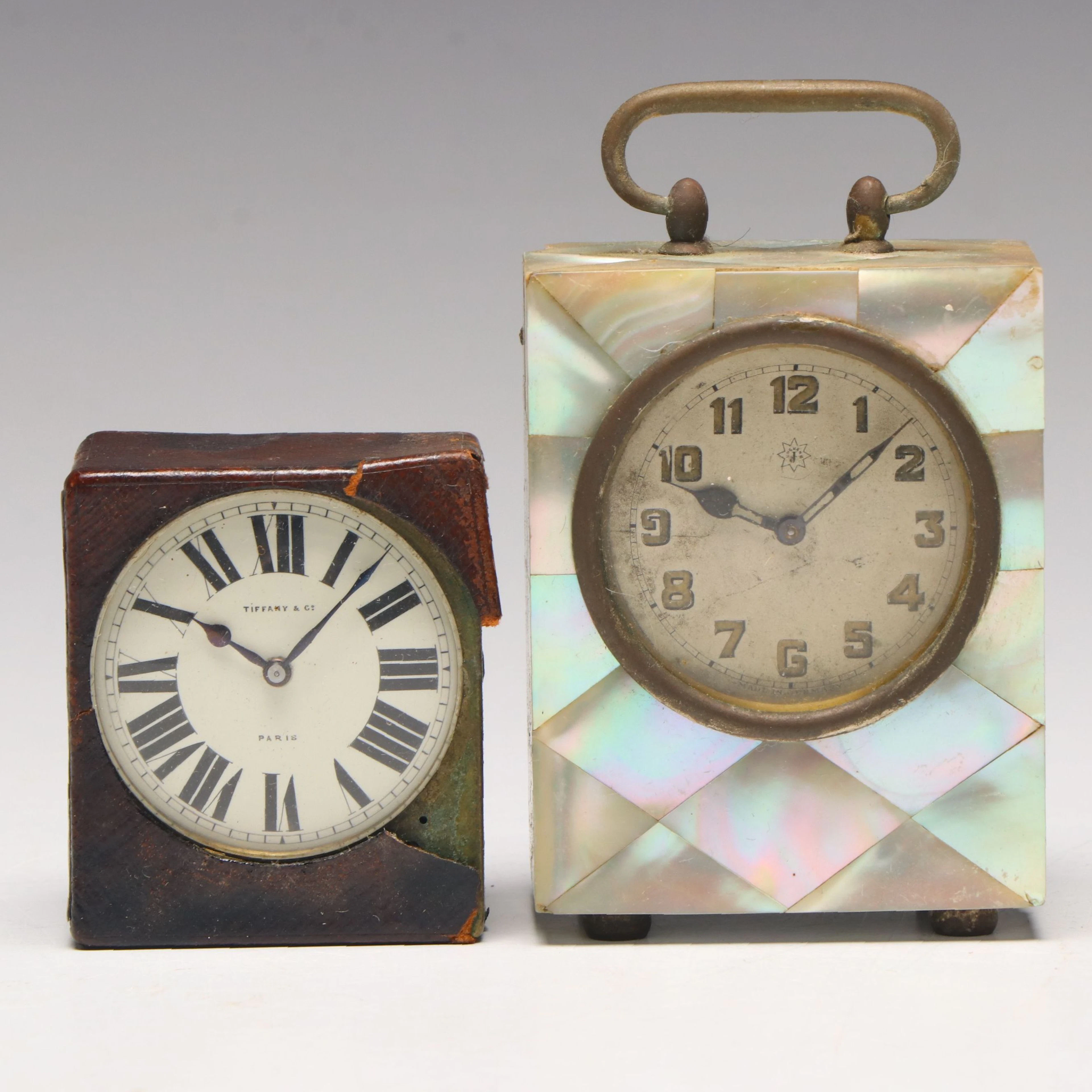 Junghans Mother-of-Pearl with Tiffany & Co. Travel Alarm Clocks, Early 20th C.