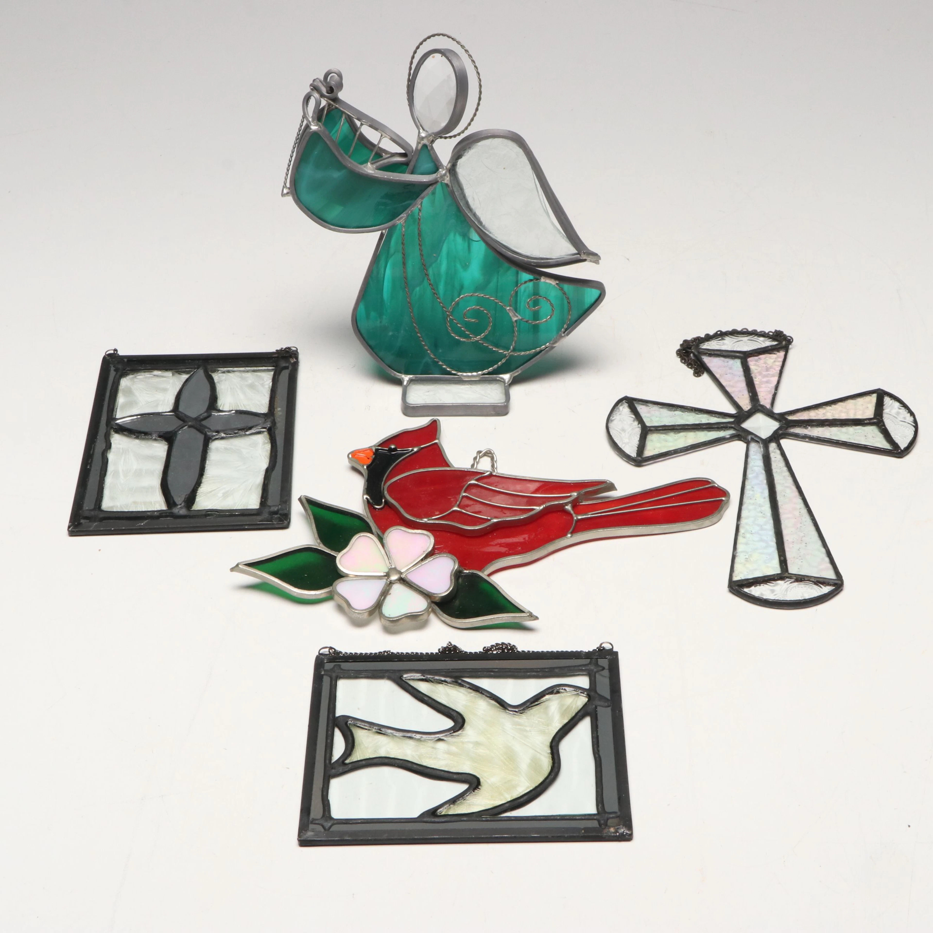 Angel, Dove and Cross with Cardinal Slag Glass Wall Hanging