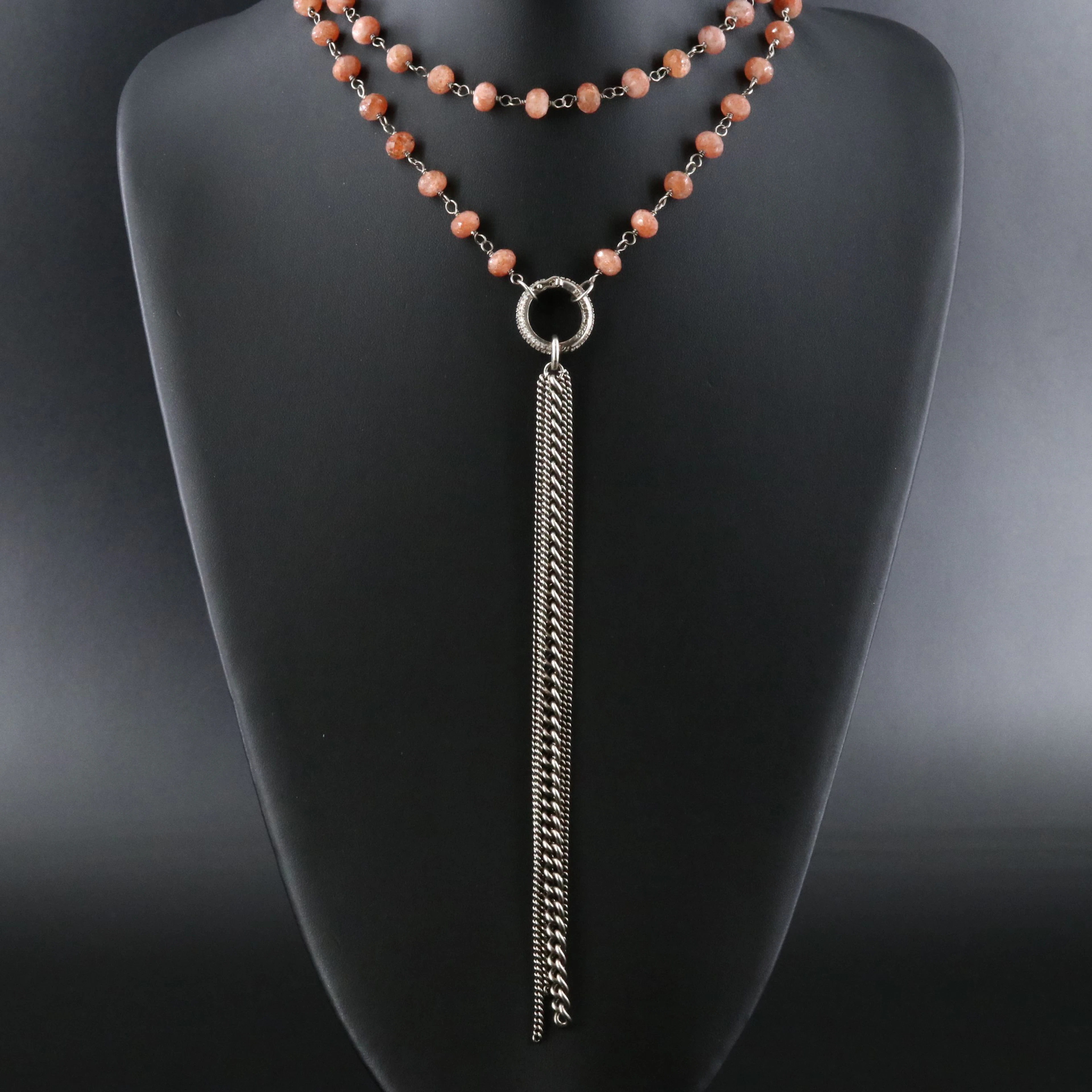 Sheryl Lowe Sterling Sunstone and Diamond Tassel Necklace