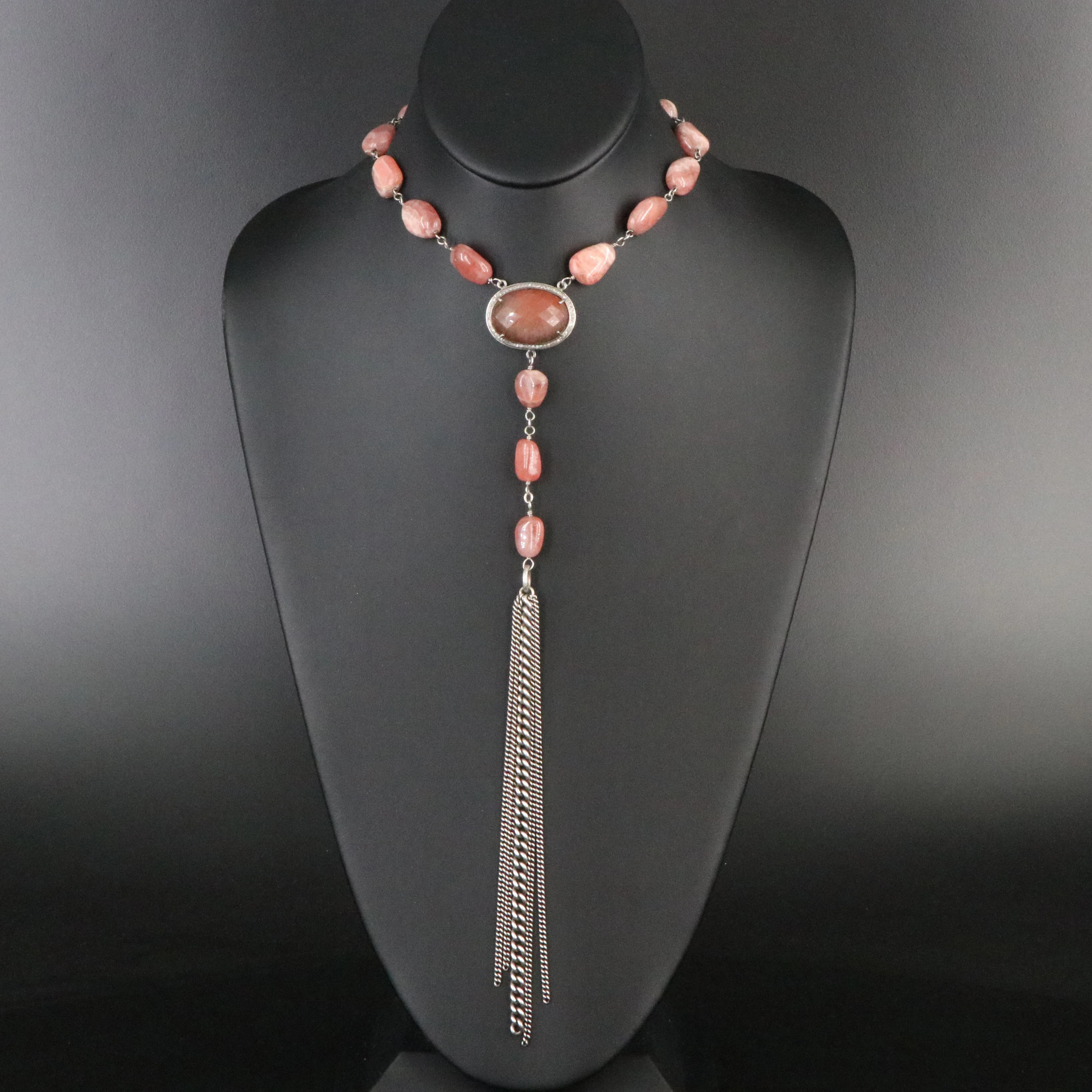 Sheryl Lowe Sterling Rhodochrosite and Diamond Necklace with Chain Tassel