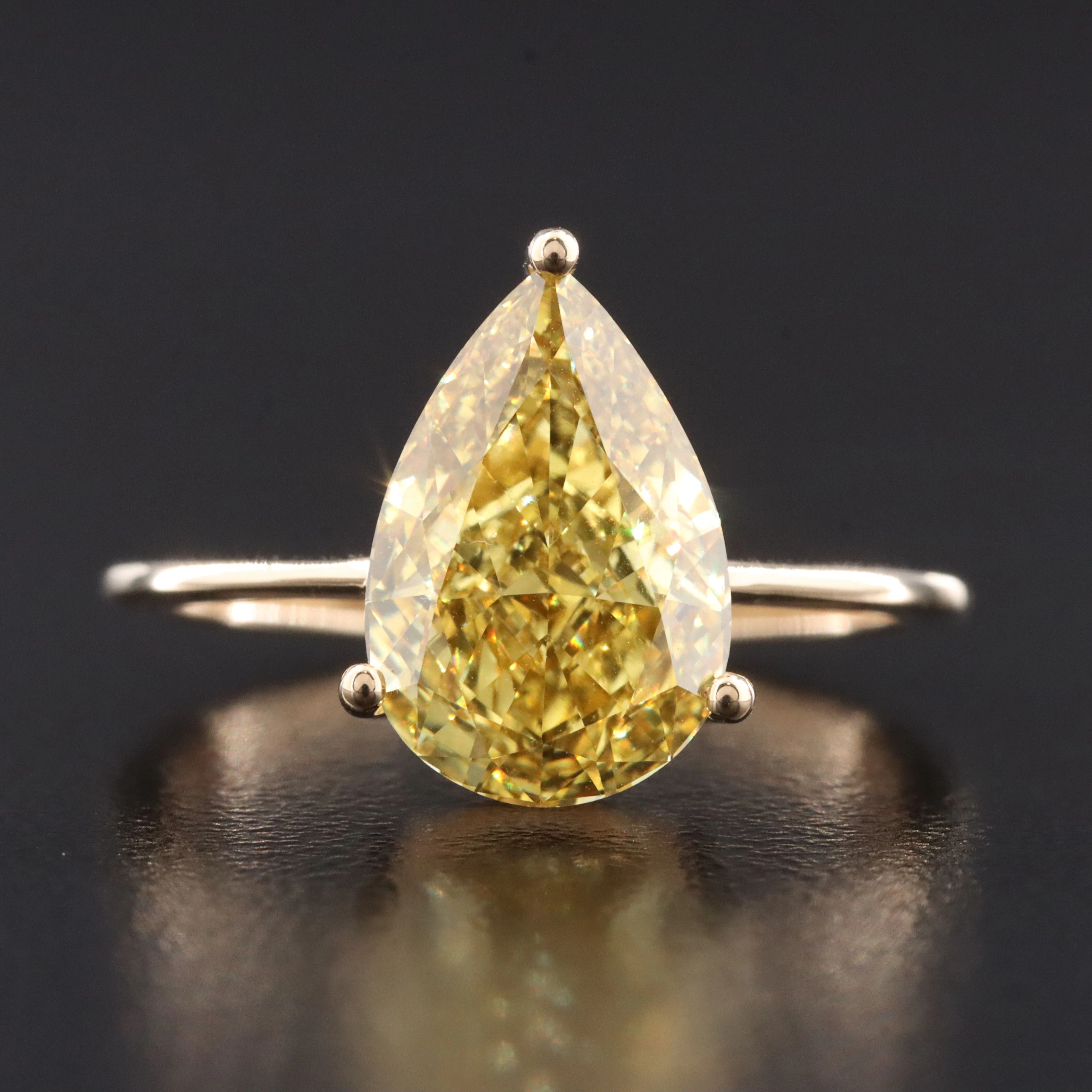14K 2.96 CT Lab Grown Fancy Yellow Diamond Solitaire Ring