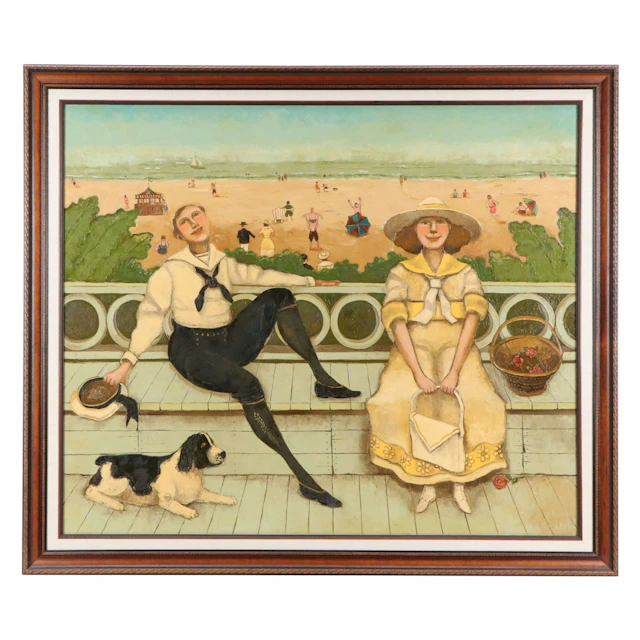 Steve L. Cull Folk Art Oil Painting "At The Beach," Mid to Late 20th Century