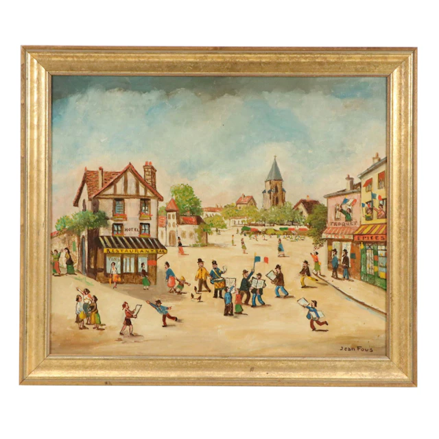 Jean Fous French Folk Art Oil Painting of Town Square, 20th Century