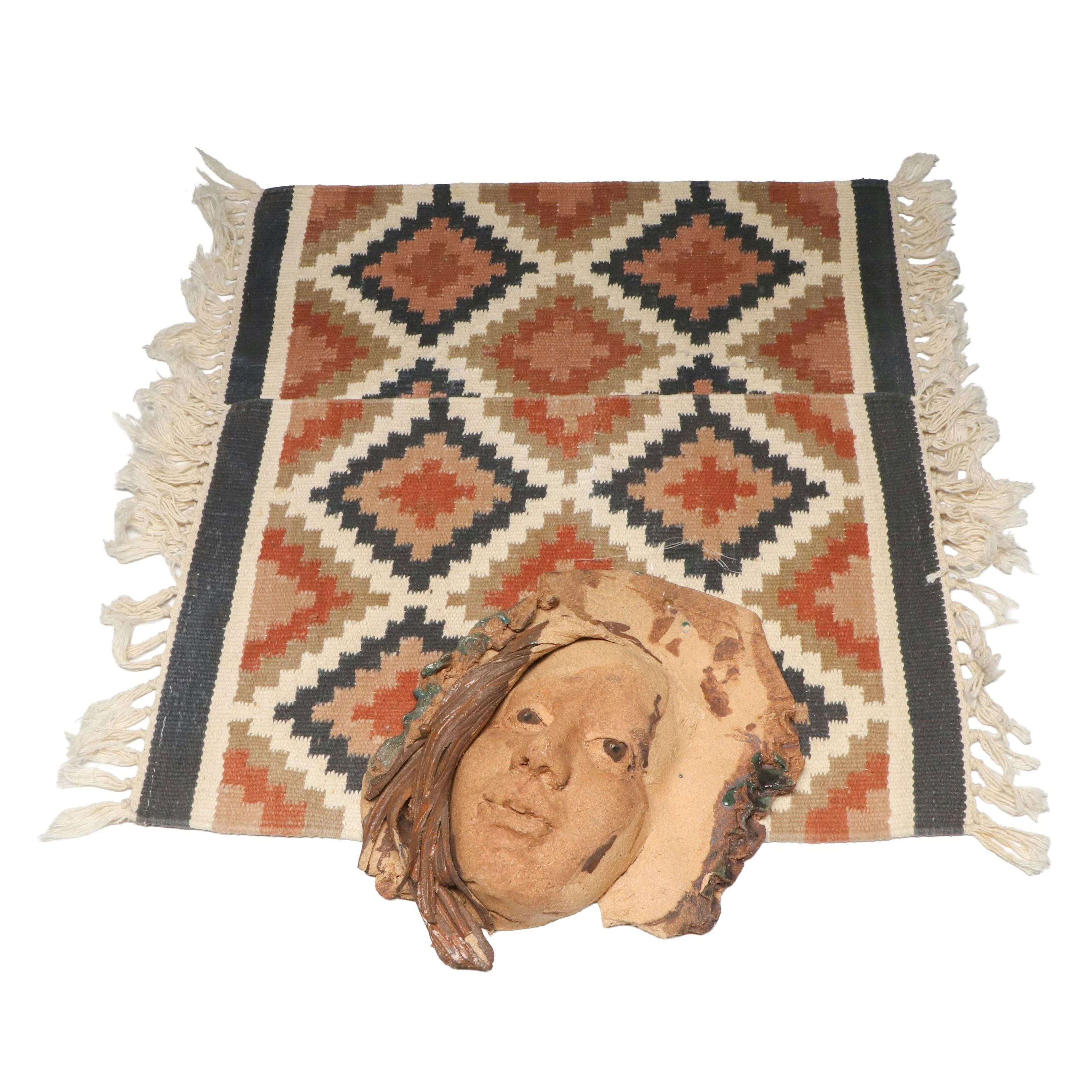 1 x 1'11 Handwoven Navajo Floor Mats with Ceramic Portrait Sculpture
