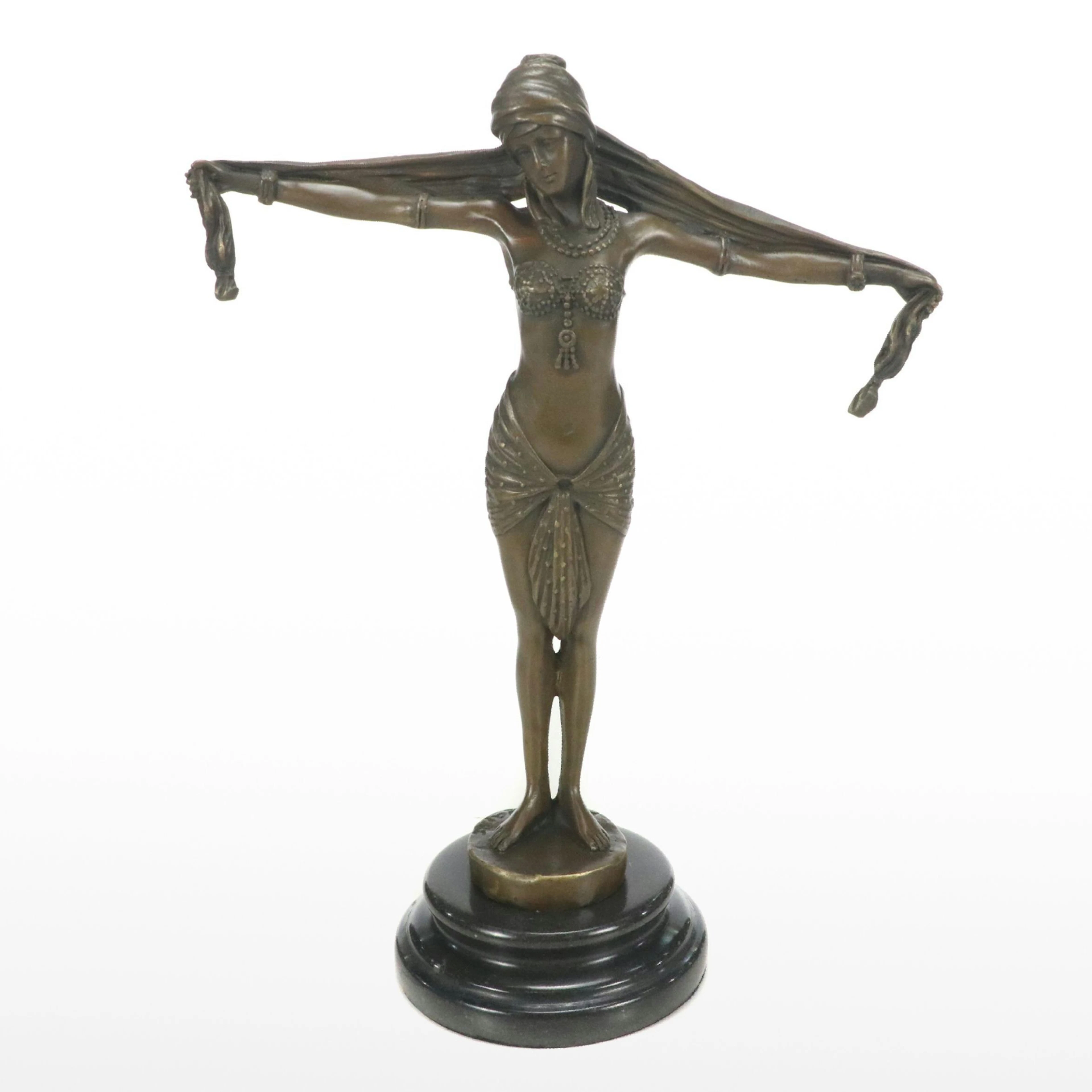 After Demétre Chiparus Art Deco Woman with Scarf Patinated Brass Sculpture