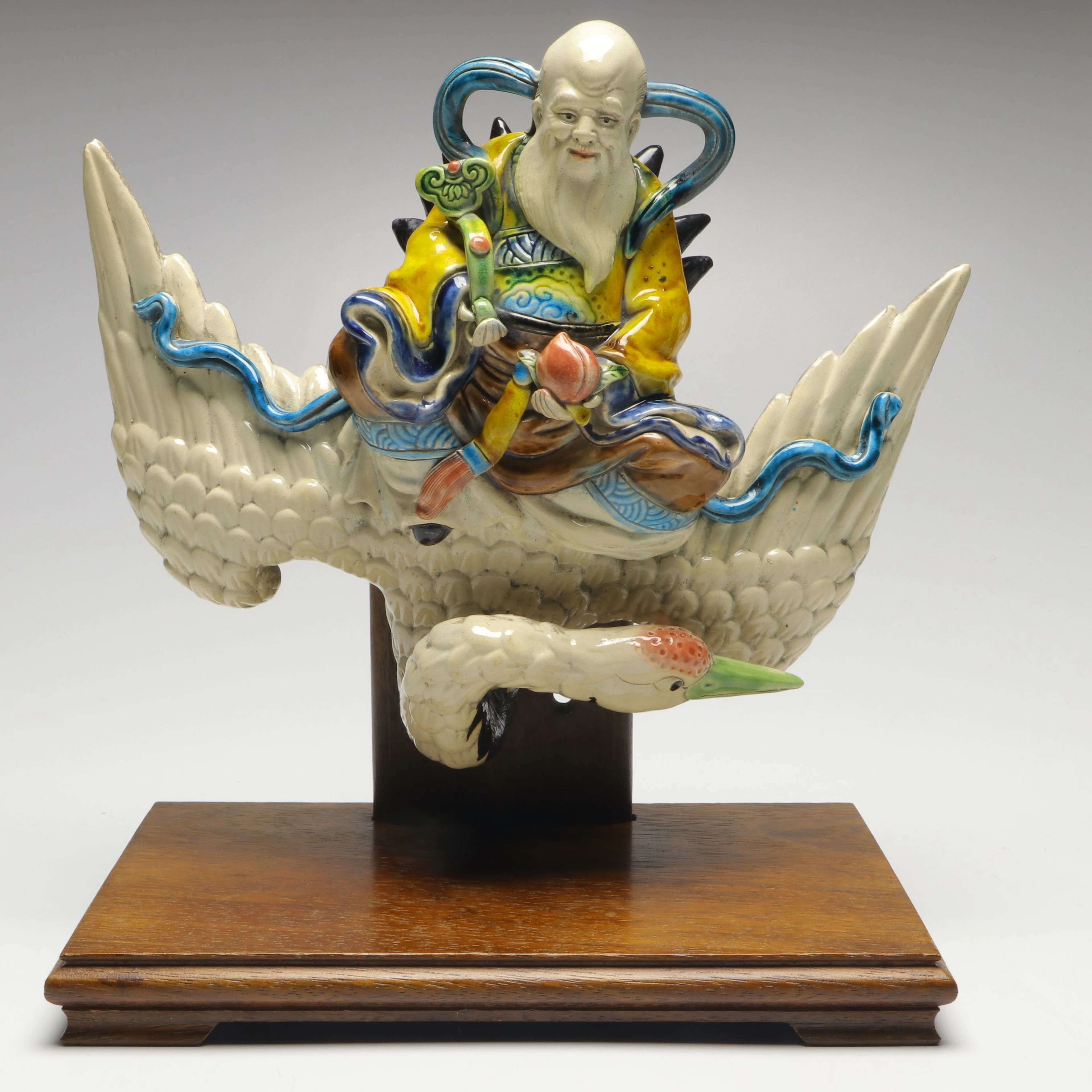 Qing Dynasty God of Longevity, Shouxing, Riding Crane Ceramic Roof Tile on Base