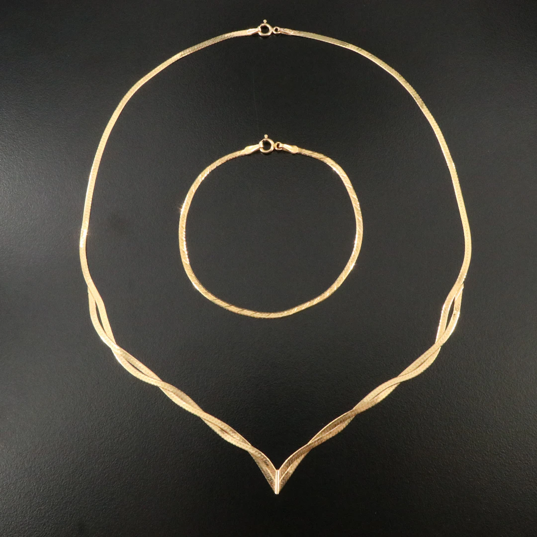 14K Herringbone Chain Necklace and Bracelet