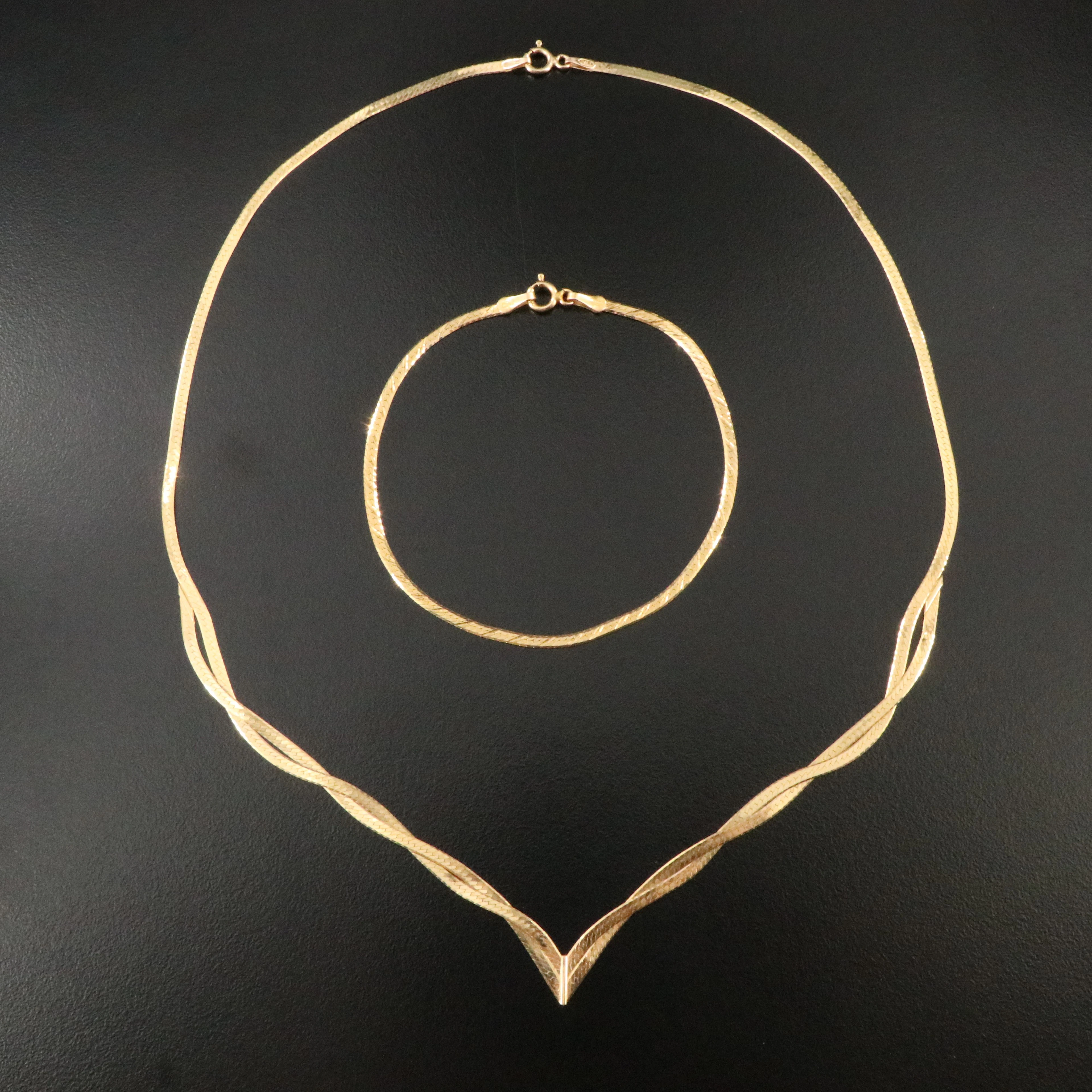 14K Herringbone Chain Necklace and Bracelet
