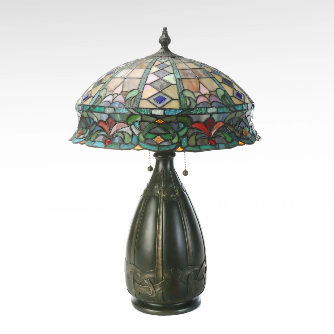 Arts and Crafts Style Table Lamp with Jewelled and Slag Glass Shade