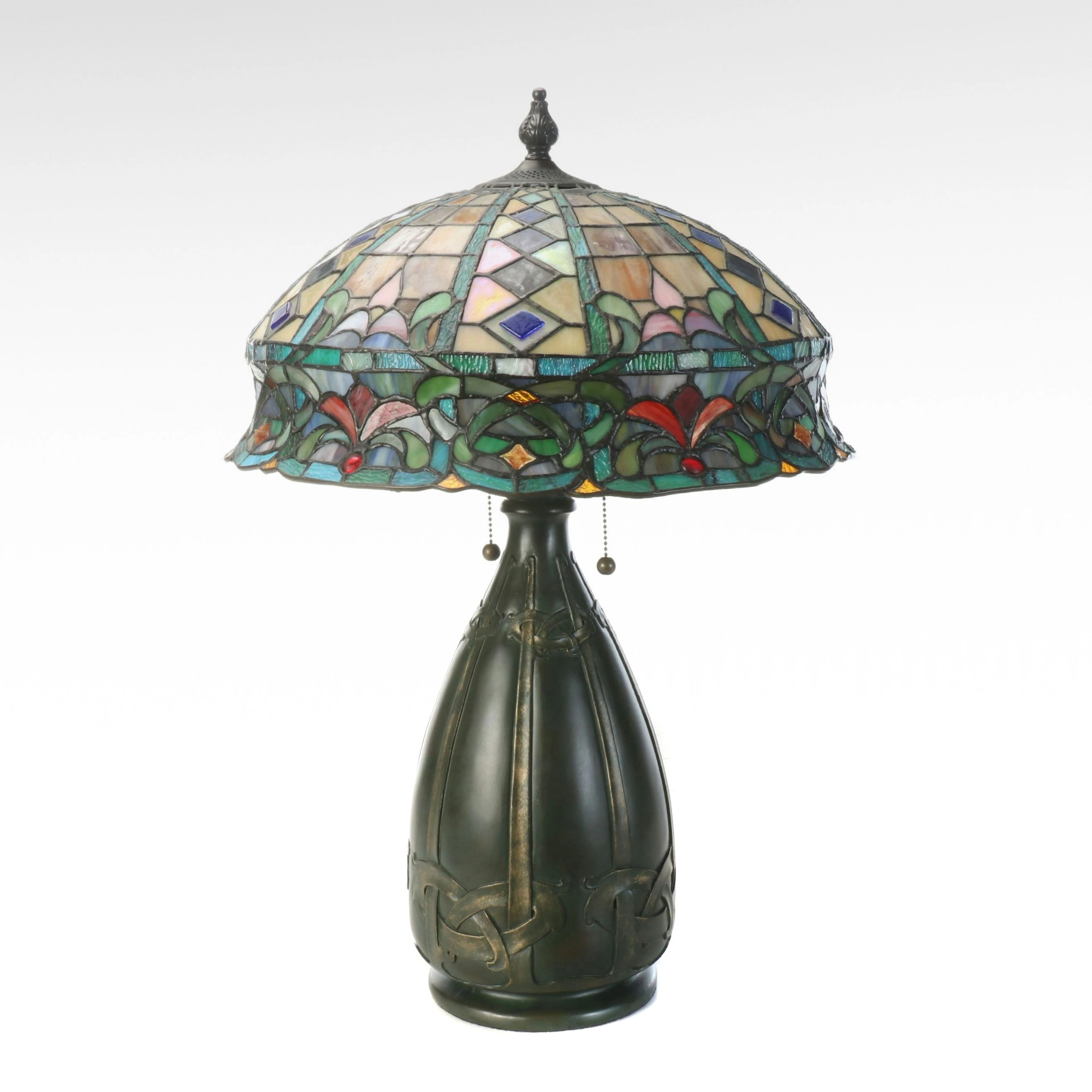 Arts and Crafts Style Table Lamp with Jewelled and Slag Glass Shade
