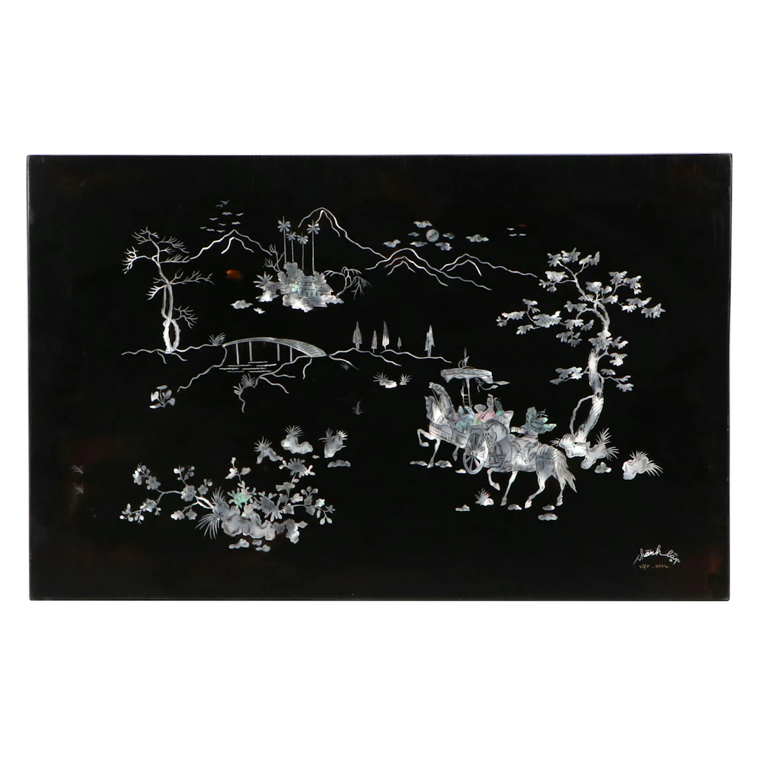 Vietnamese School Black Lacquer and Mother-of-Pearl Wall Panel, Mid-20th