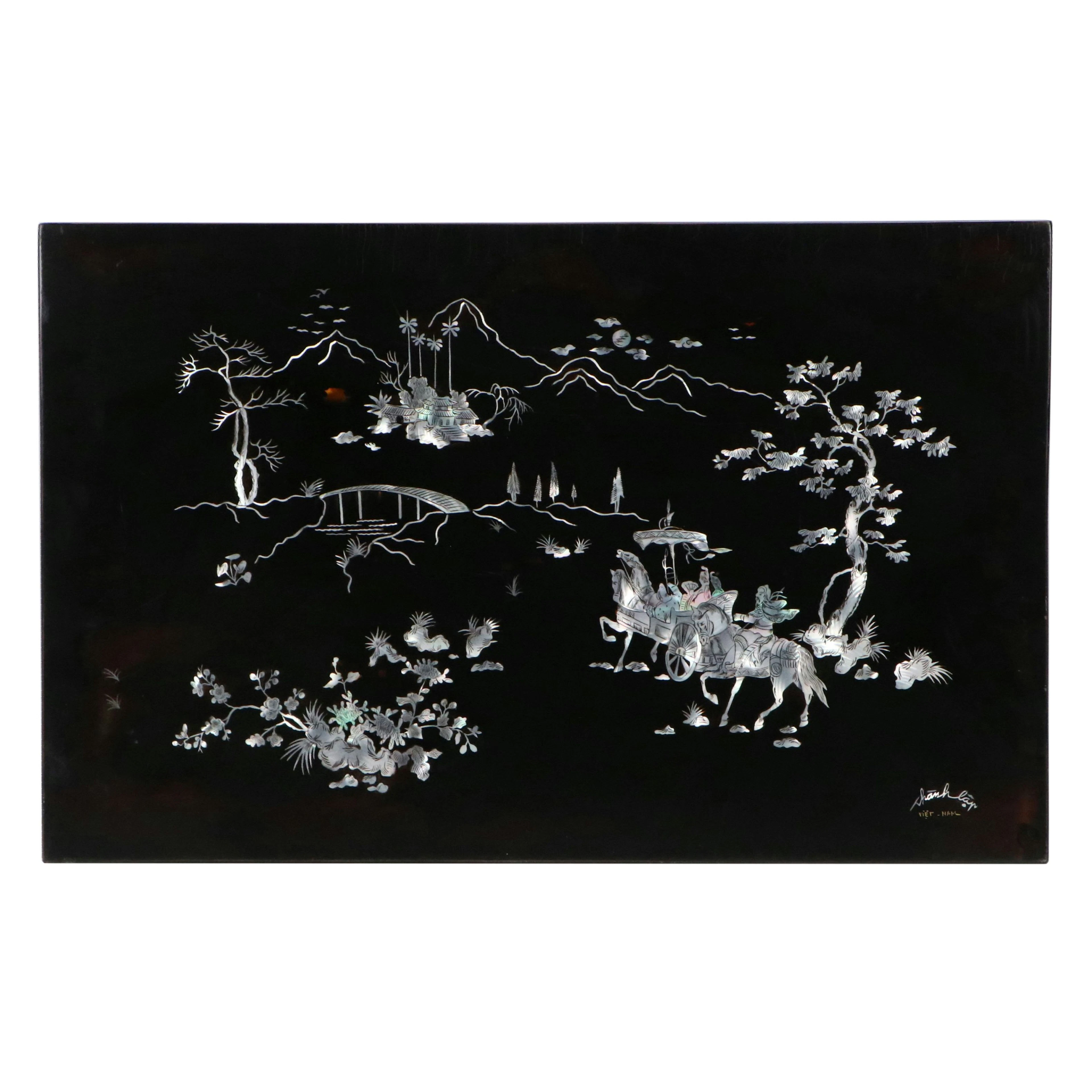 Vietnamese School Black Lacquer and Mother-of-Pearl Wall Panel, Mid-20th