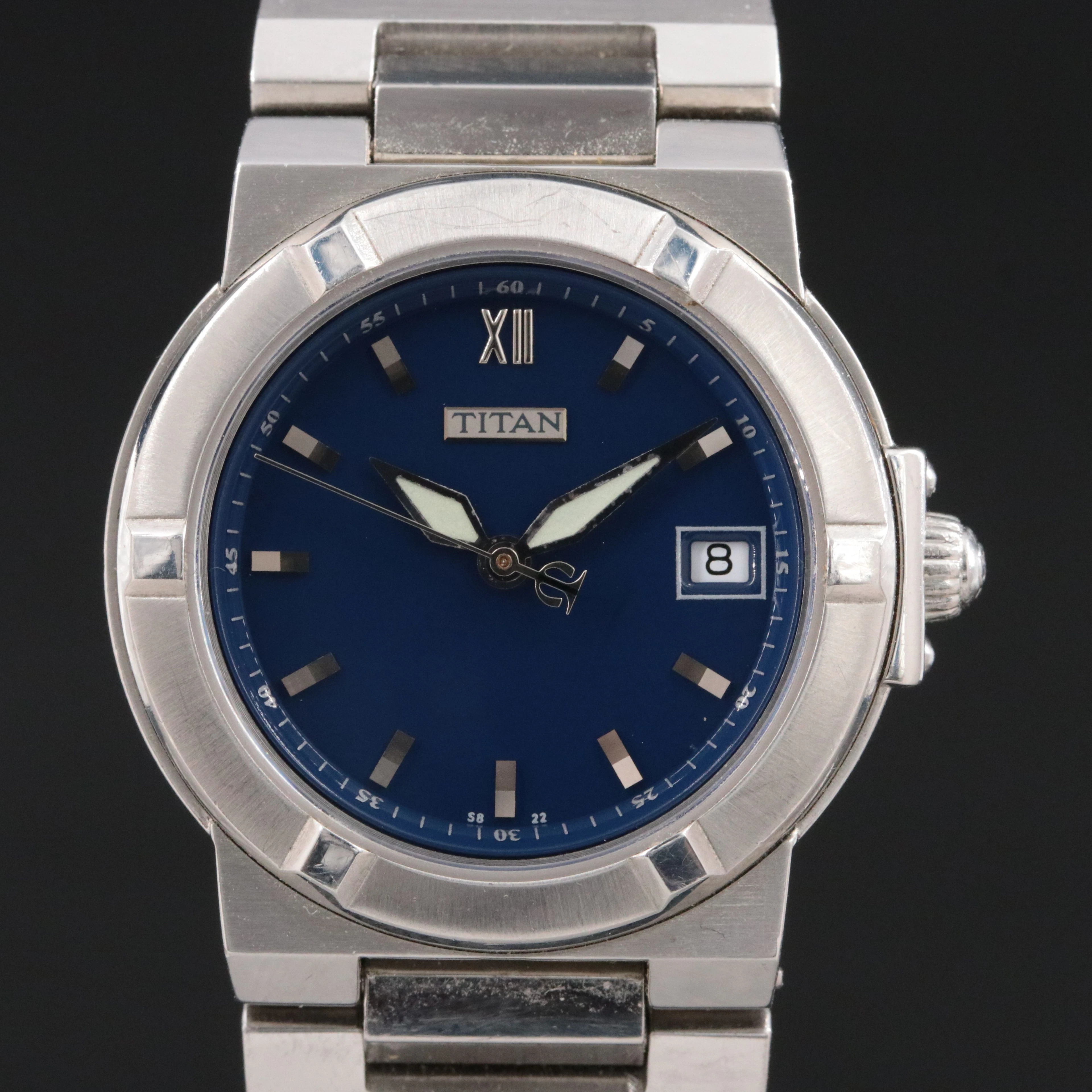 Titan Stainless Steel Blue Dial Date Quartz Watch