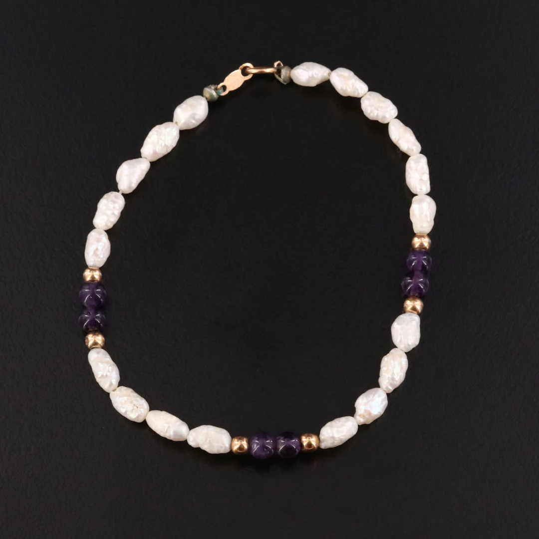 Pearl and Amethyst Bracelet with 14K Accents and Clasp