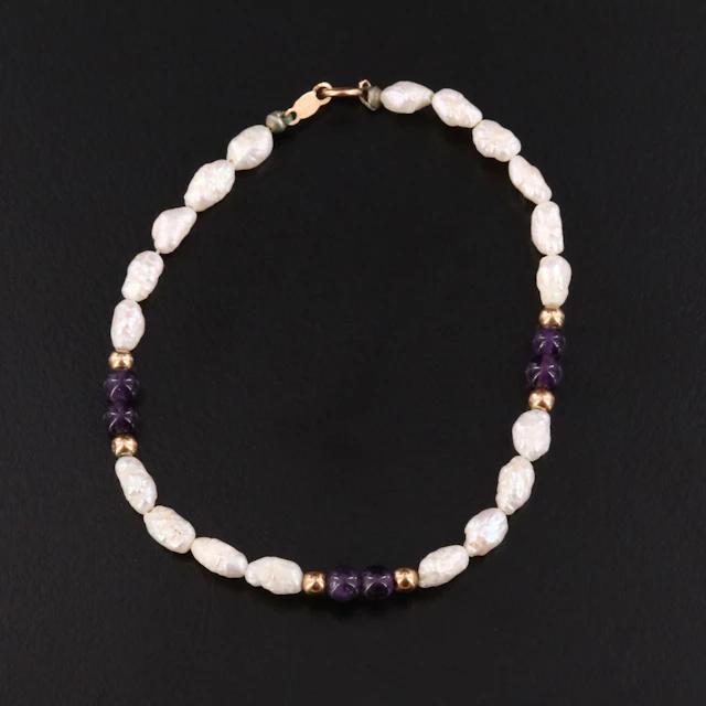 Pearl and Amethyst Bracelet with 14K Accents and Clasp