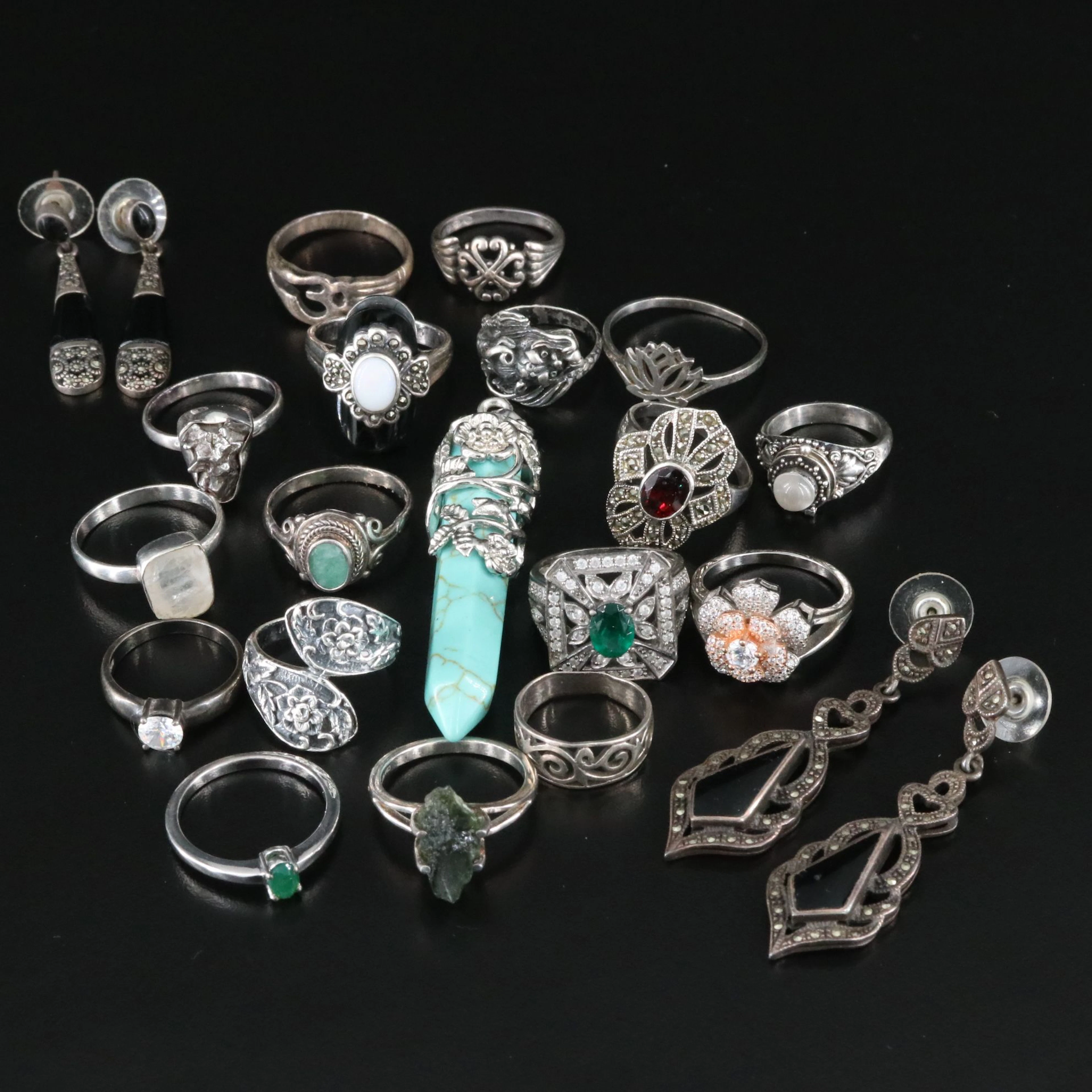 Moldavite, Garnet and Moonstone Featured in Rings and Earrings with Pendant