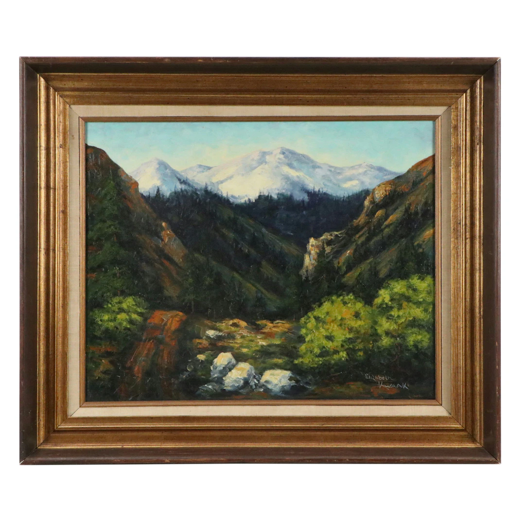Elizabeth Kwaak Smischny Mountain Valley Oil Painting, Mid to Late 20th Century