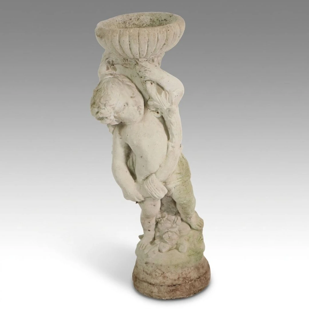 Neoclassical Style Cast Concrete Putto with Flower Garden Fountain