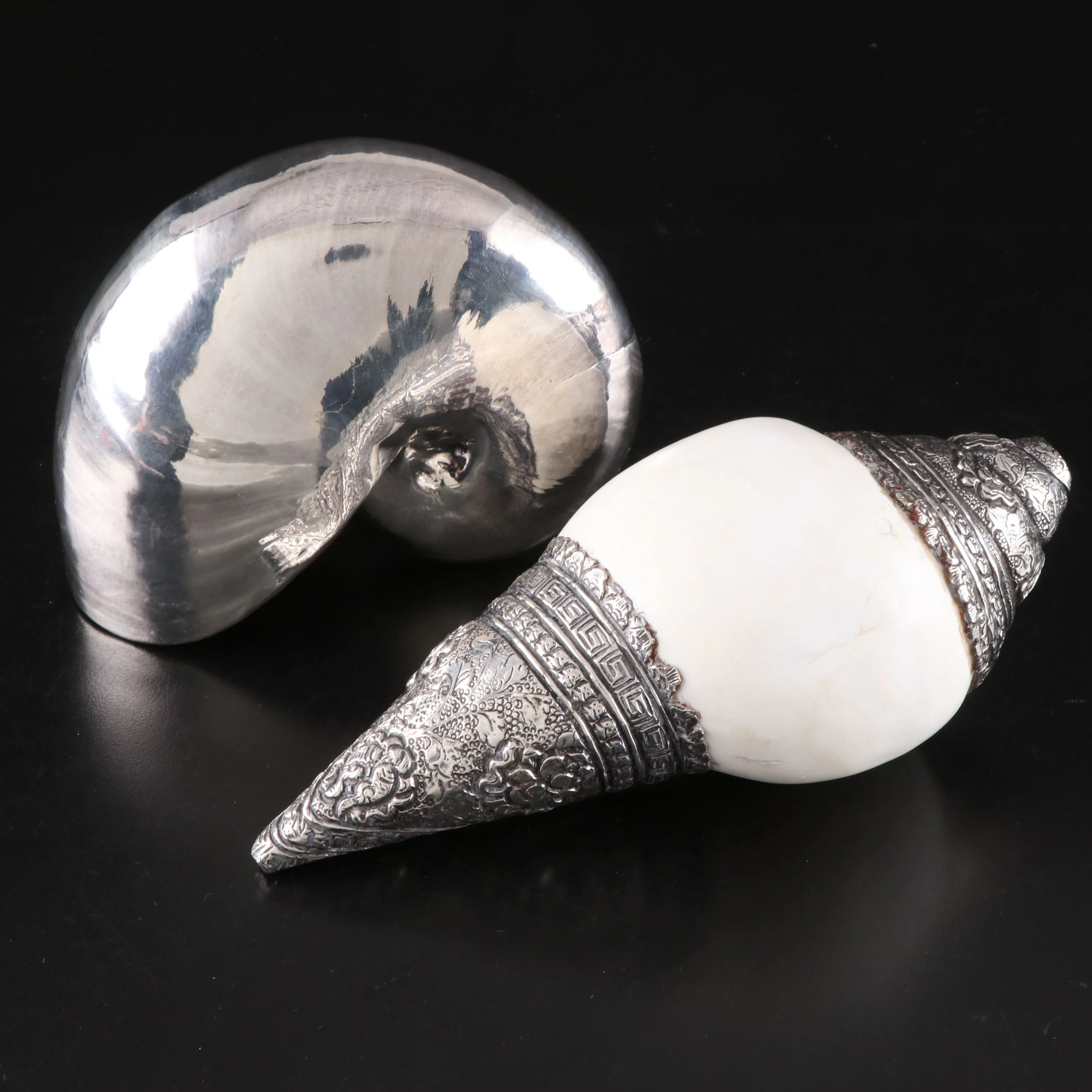 Tibetan Style Ornate Conch Shell and Silver Plate Nautilus Shell