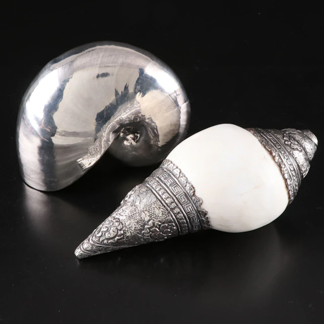 Tibetan Style Ornate Conch Shell and Silver Plate Nautilus Shell