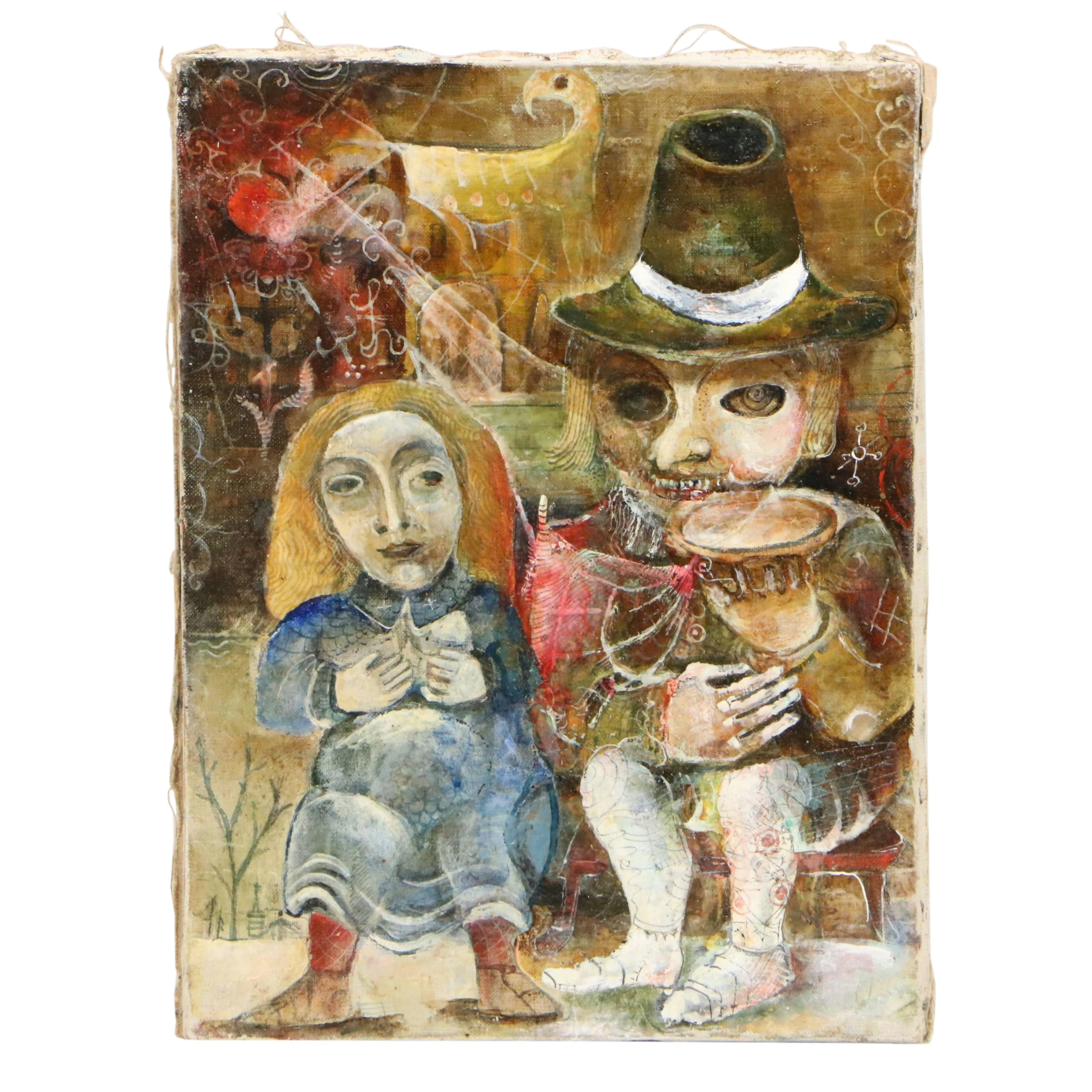 Nikolay Manuylov "Kuk" Surreal Oil Painting of Couple, Mid to Late 20th Century