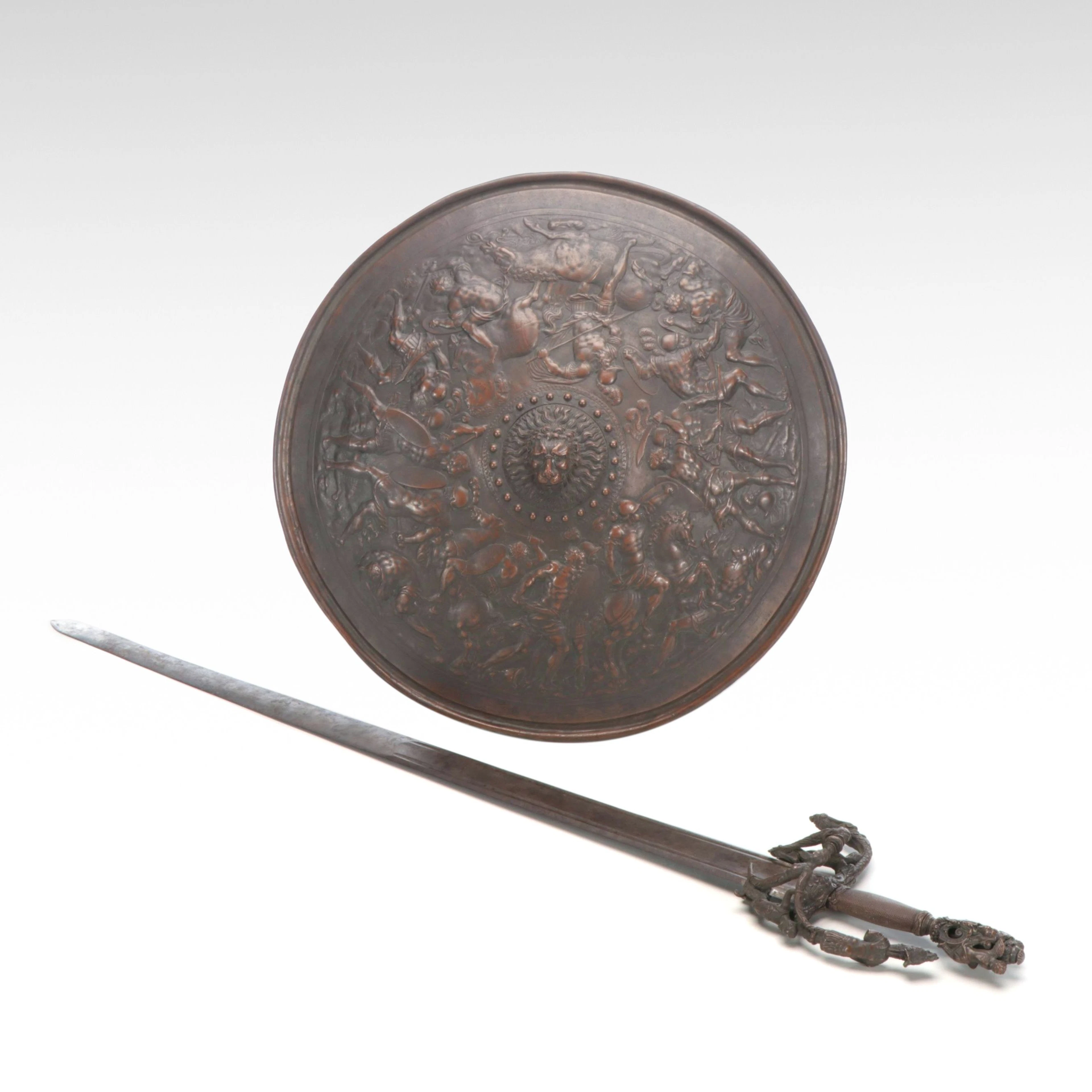 Metal Reproduction "Battle of the Amazons" Round Shield with Fantasy Sword