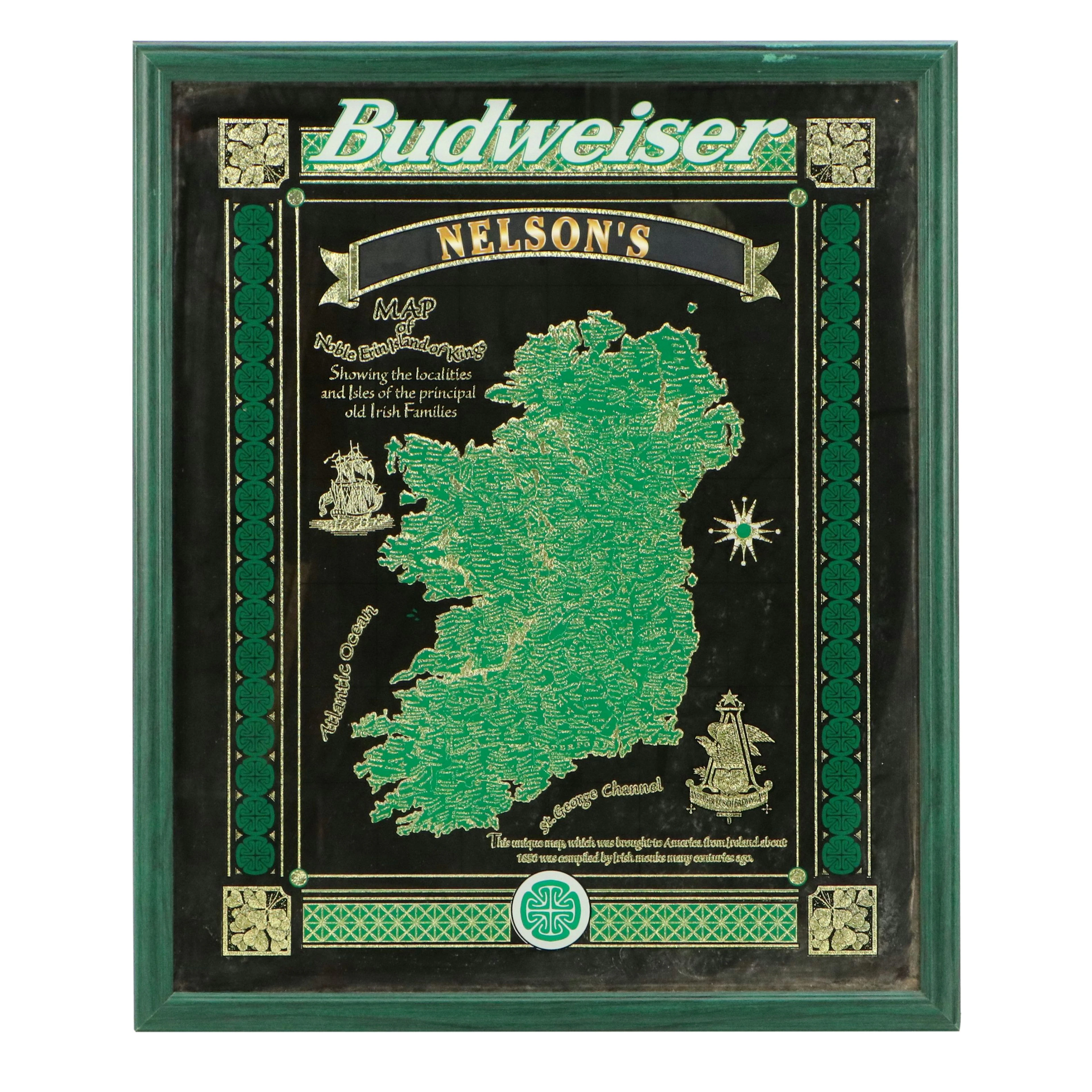 Budweiser Mirrored Bar Sign "Nelson's Map of Noble Erin Island of Kings"