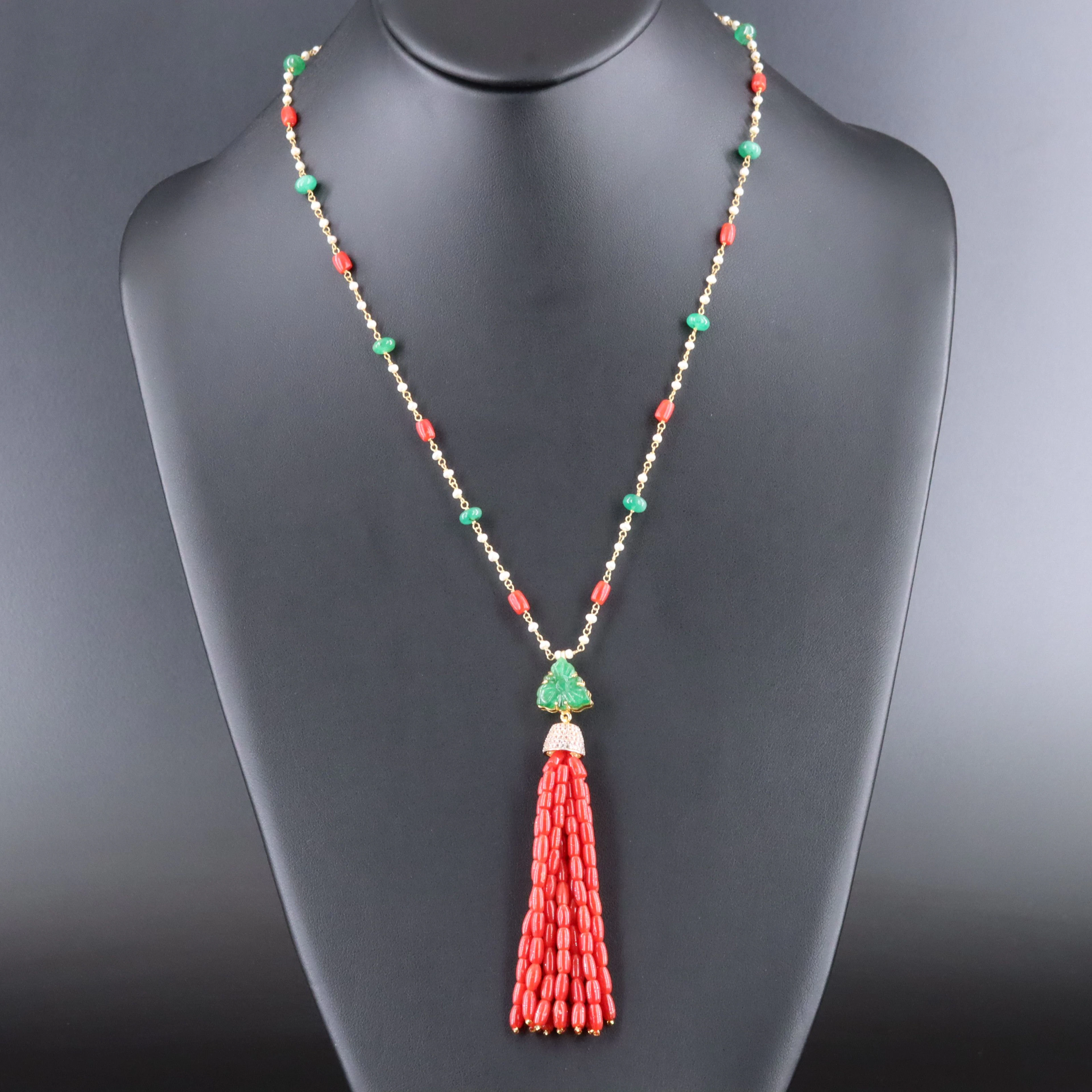 14K Carved Emerald, Coral, Pearl and White Sapphire Tassel Necklace