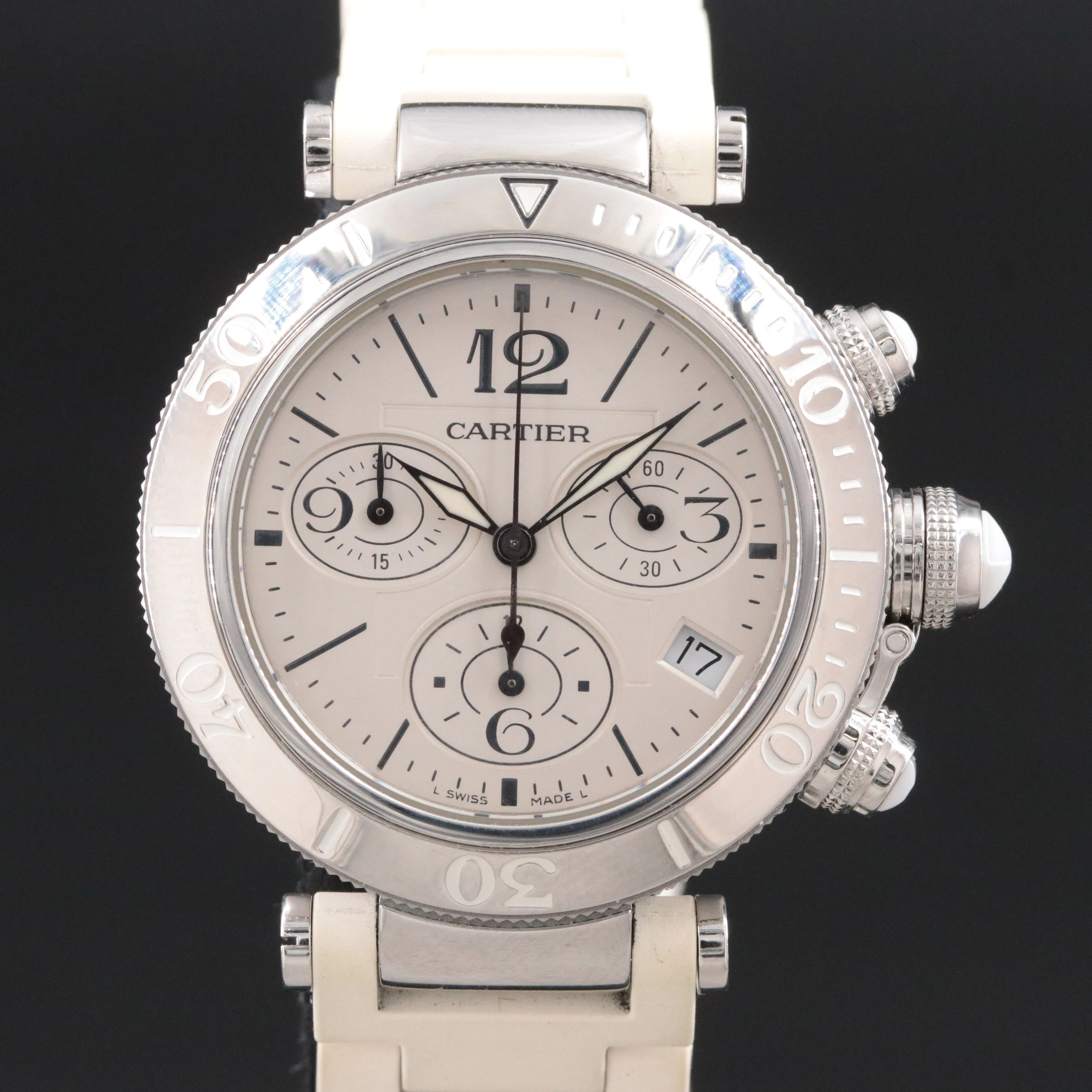 Cartier Pasha Seatimer Chrono 37mm Steel White Quartz Watch Ref. 3129