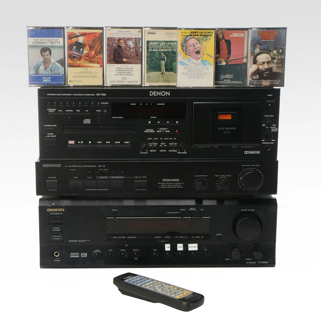 Onkyo AV Receiver, Kenwood AV Processor, Denon CD/Cassette Deck, and Cassettes