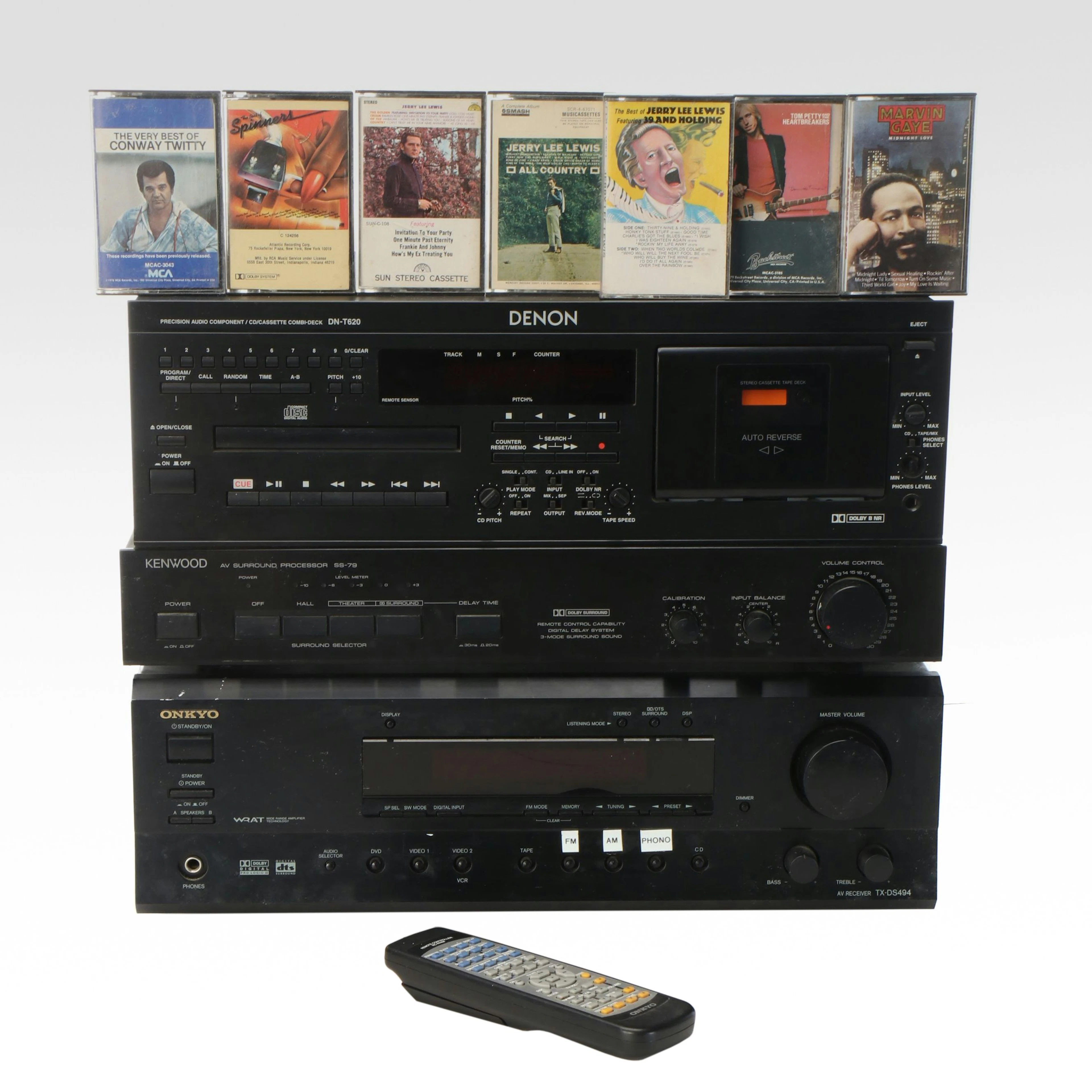 Onkyo AV Receiver, Kenwood AV Processor, Denon CD/Cassette Deck, and Cassettes
