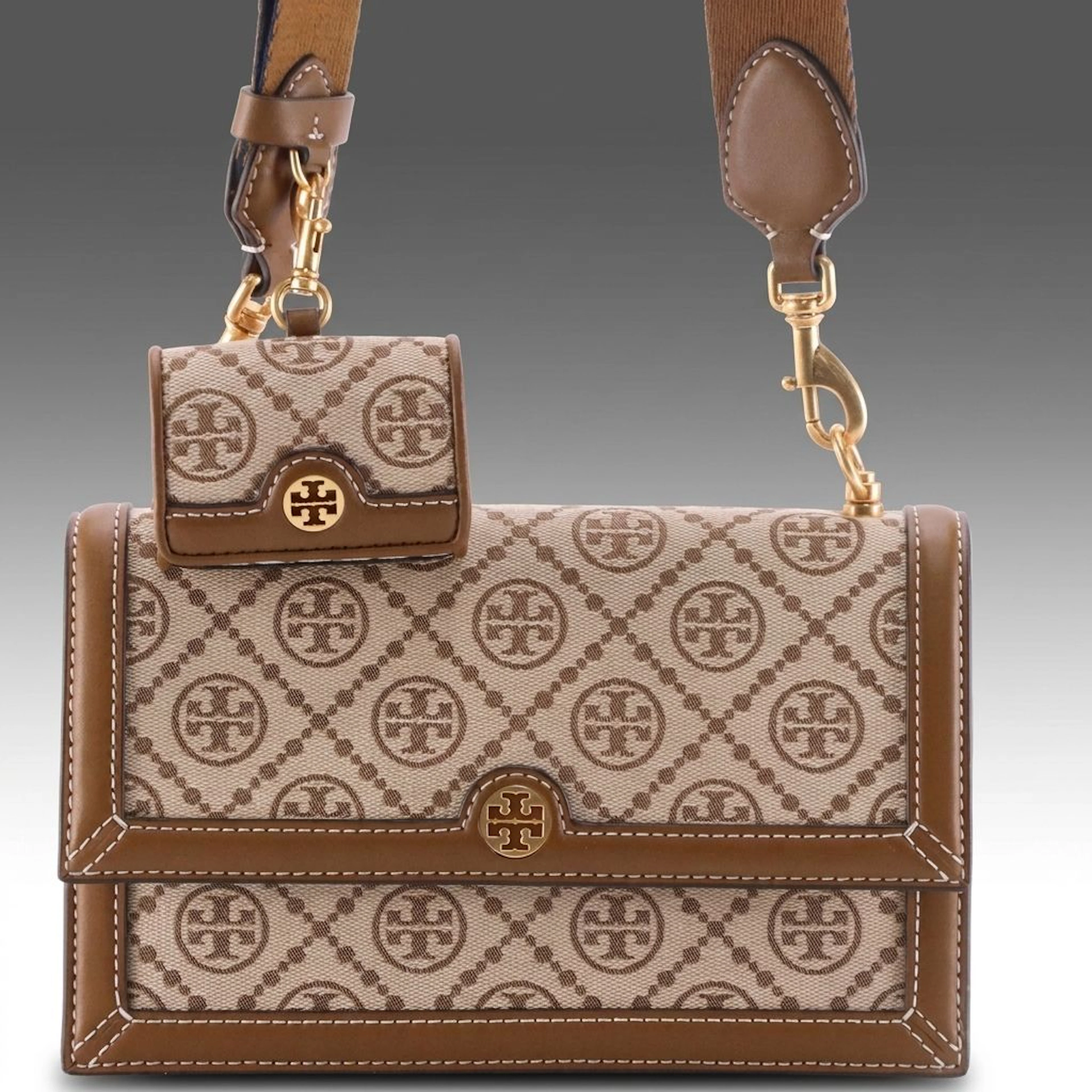 Tory Burch T Monogram Canvas & Hazelnut Leather Crossbody with Earbud